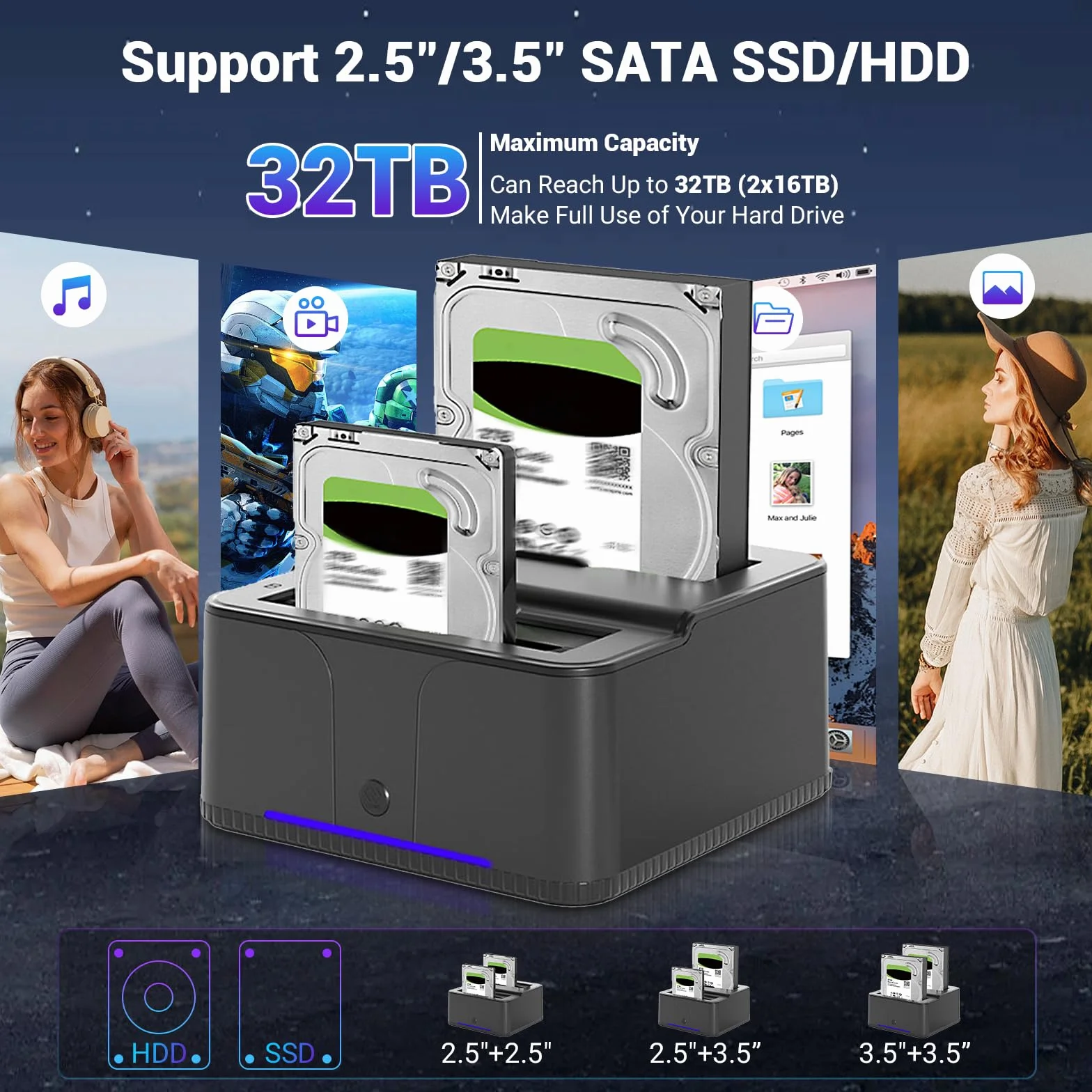Station d'accueil pour Disque Dur USB 3.0, Double Baie 2.5/3.5 Pouces SATA HDD/SSD, 32 To avec Clone Hors Ligne