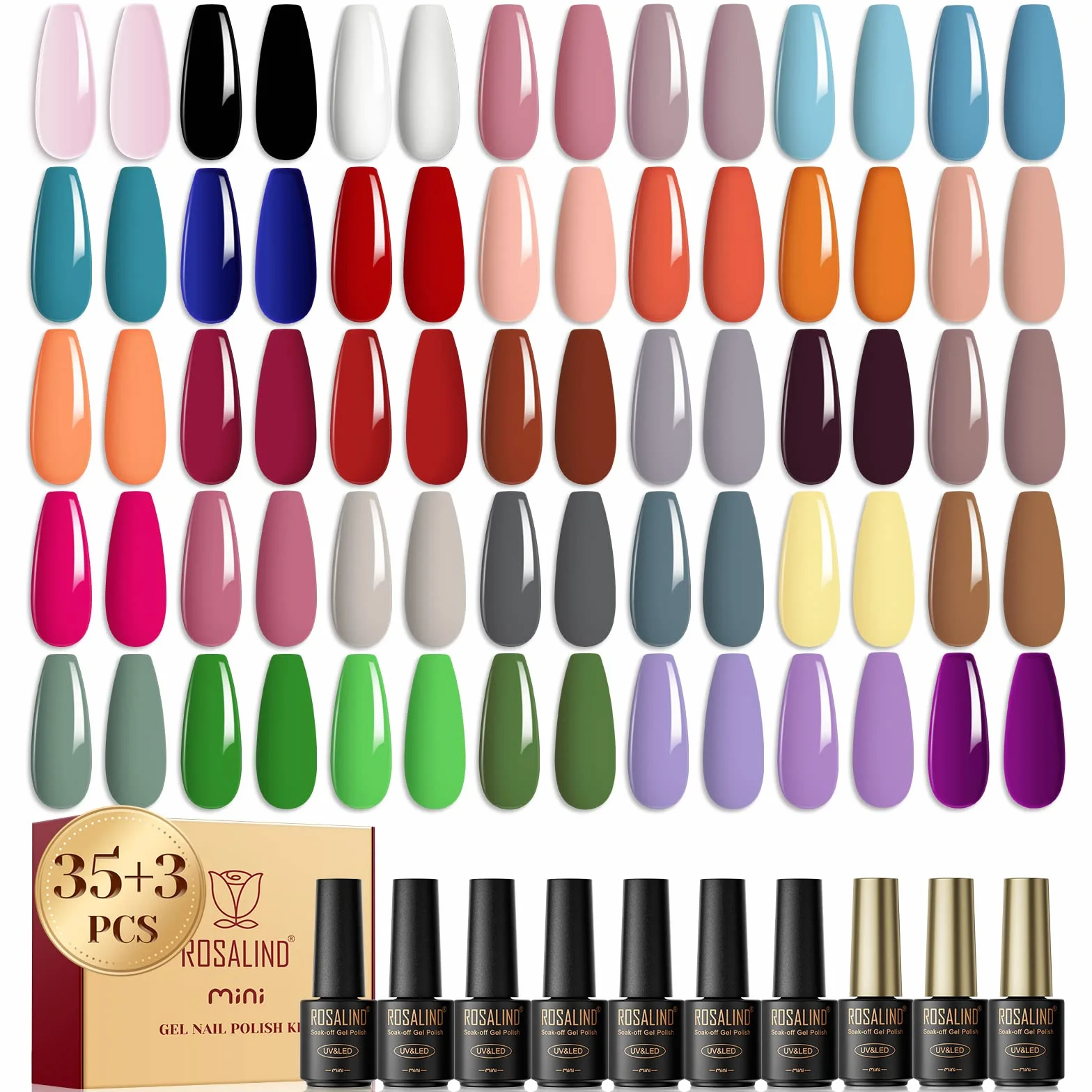 ROSALIND Vernis Semi Permanent 38 Pcs 35 Couleurs Base Top Coat Brillant Matte Gel UV LED