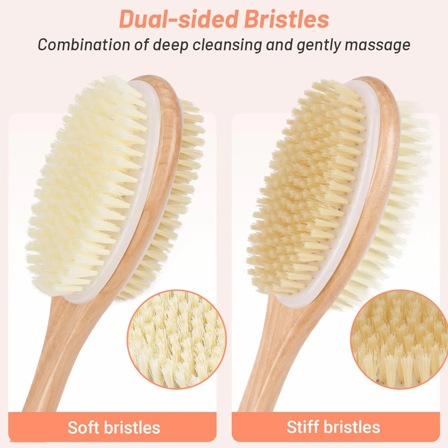 Alyvisun Brosse Dos Douche en Bois avec Manche Long, Brosse Exfoliante Corps Double Face Poils Rigides et Doux