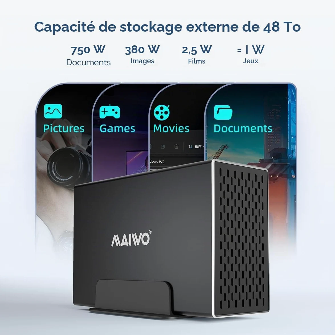 MAIWO Boîtier Raid à Double Baie avec Ventilateur de Refroidissement pour SSD SATA 2,5/3,5", boîtier USB 3.0 5 Gbit/s, capacité de 48 to, Raid 0/1/JBOD/PM, boîtier en Aluminium