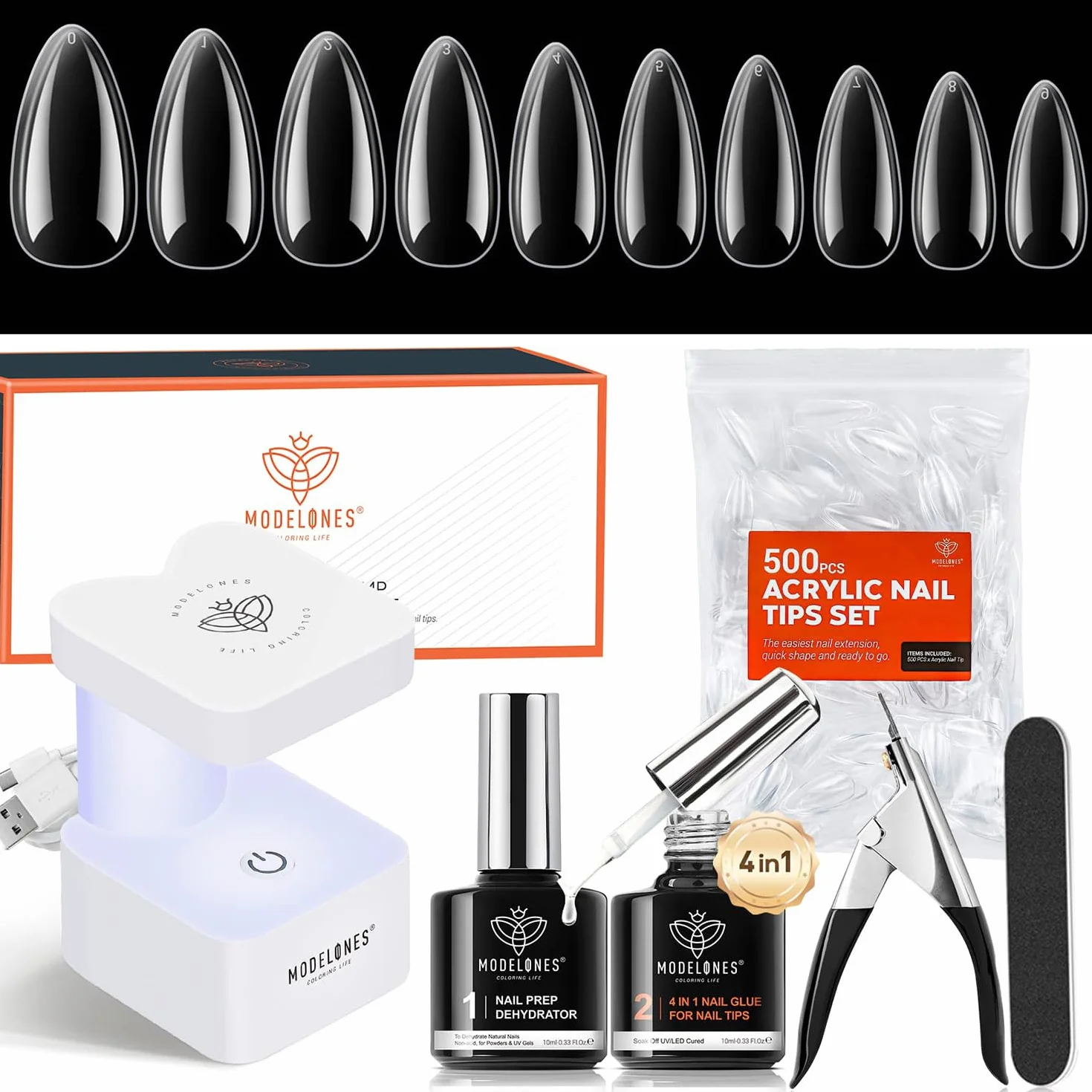 Modelones Capsule Americaine Ongle Gel Kit Complet 500 Pcs Faux Ongles 4 In 1 Gummy Base Lampe Uv