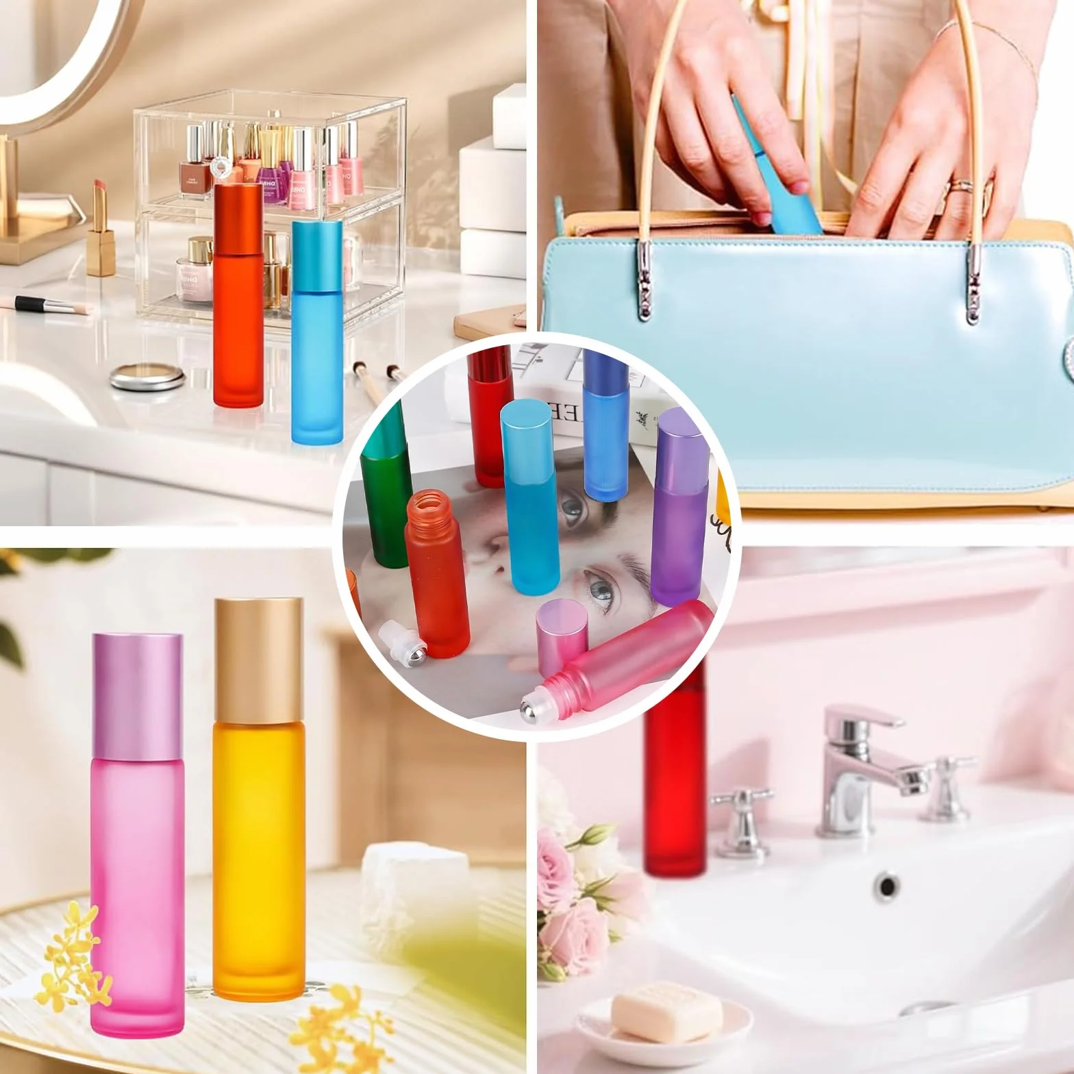 Flacons Roll-on en Verre 10 ML pour Huiles Essentielles, Aromathérapie, Parfums et Cosmétiques - Lot de 10 en Couleurs