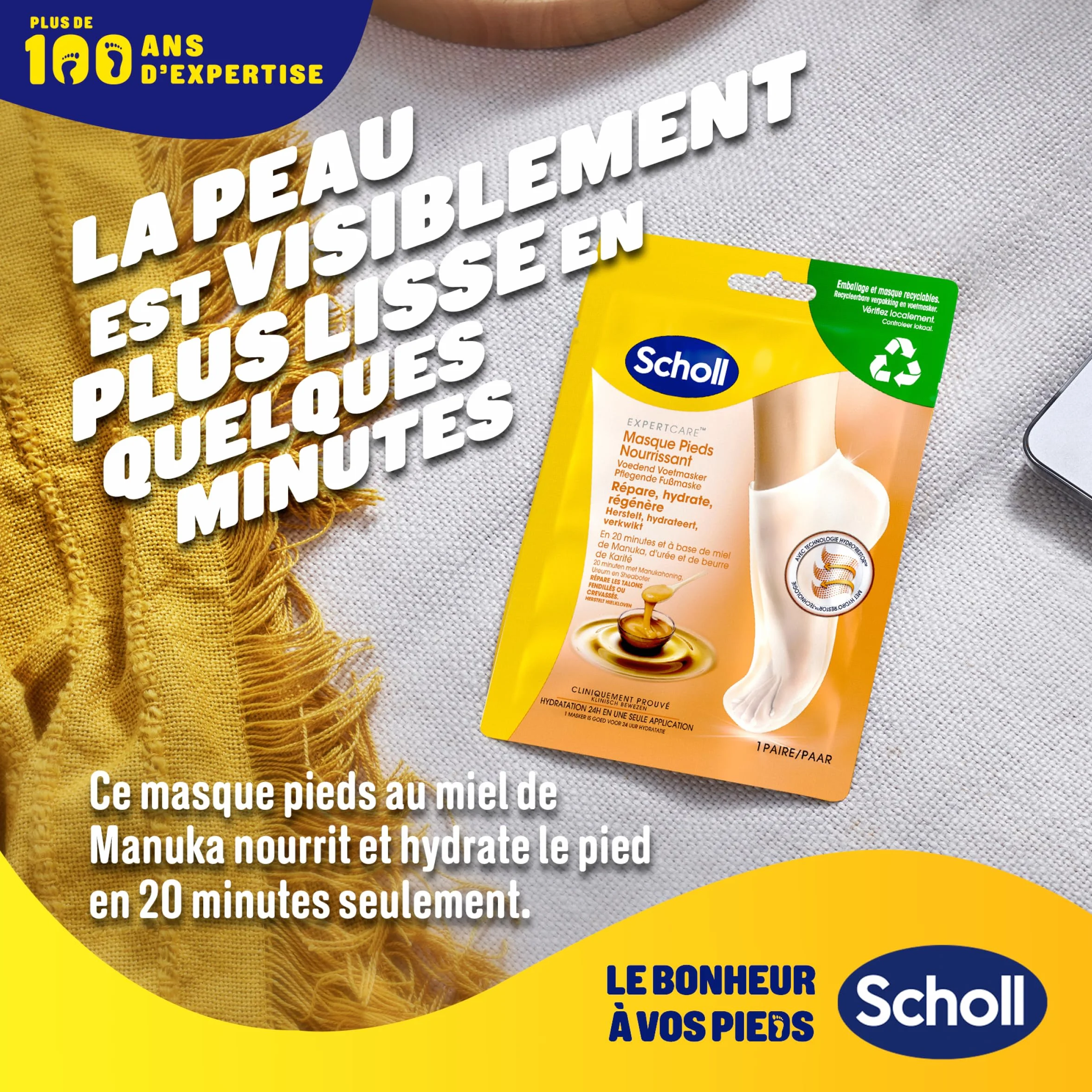 Scholl Masques pour pieds Nourrissants Lot de 4 paires Hydratation Intense