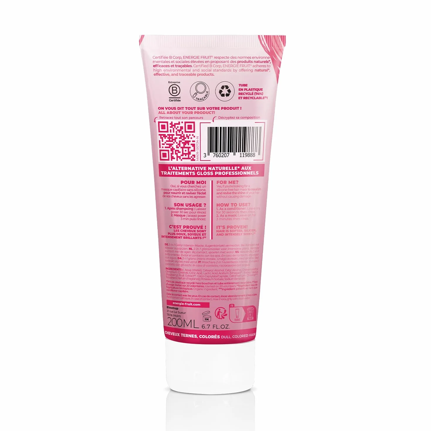 ENERGIE FRUIT Gloss Cherry Masque 2 en 1 Après-Shampoing Brillance Intense sans silicone 200 ml