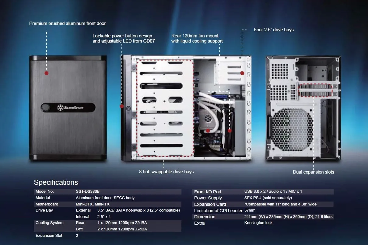 SilverStone SST-DS380 - Stockage de boîtiers Mini-ITX avec porte, noir
