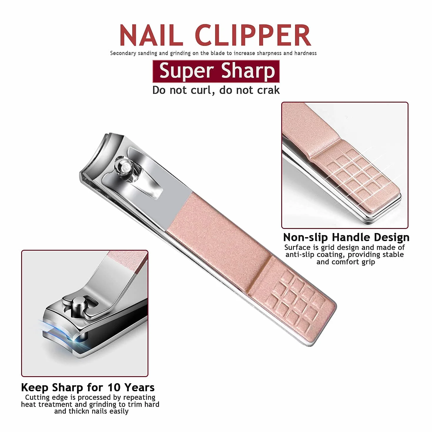 Kit de manucure et pédicure 5 pièces en acier inoxydable or rose avec étui de voyage en cuir