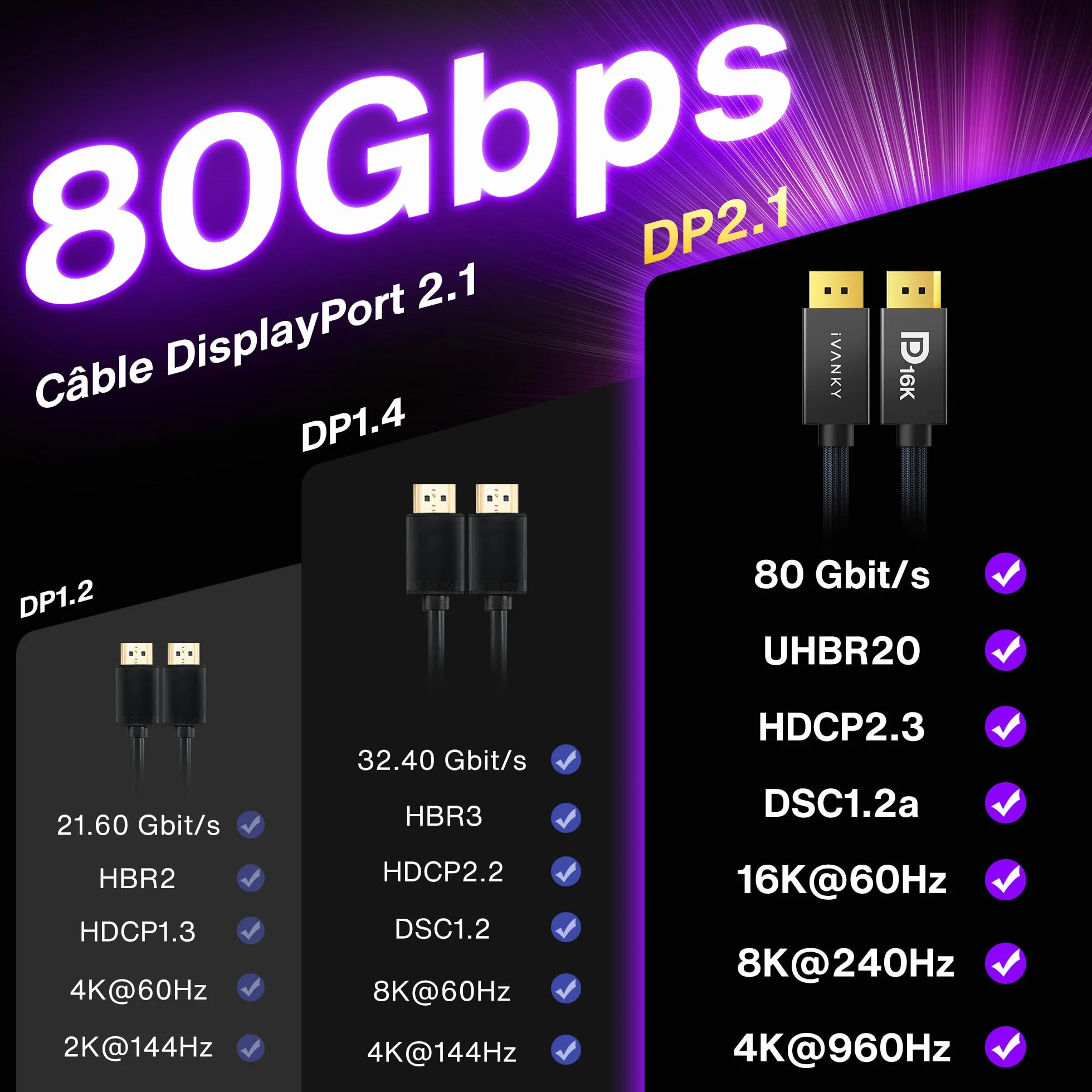 IVANKY Câble DisplayPort 2.1 80Gbps 16K 2M UHBR20