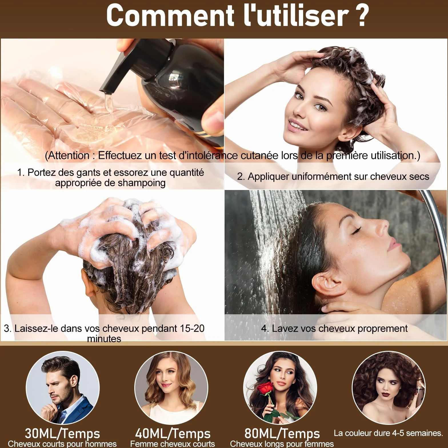Shampoing Colorant Chatain Foncé 500ml, Shampooing Teinture Cheveux Blancs, Dark Brown Hair Dye Shampoo 3 in 1