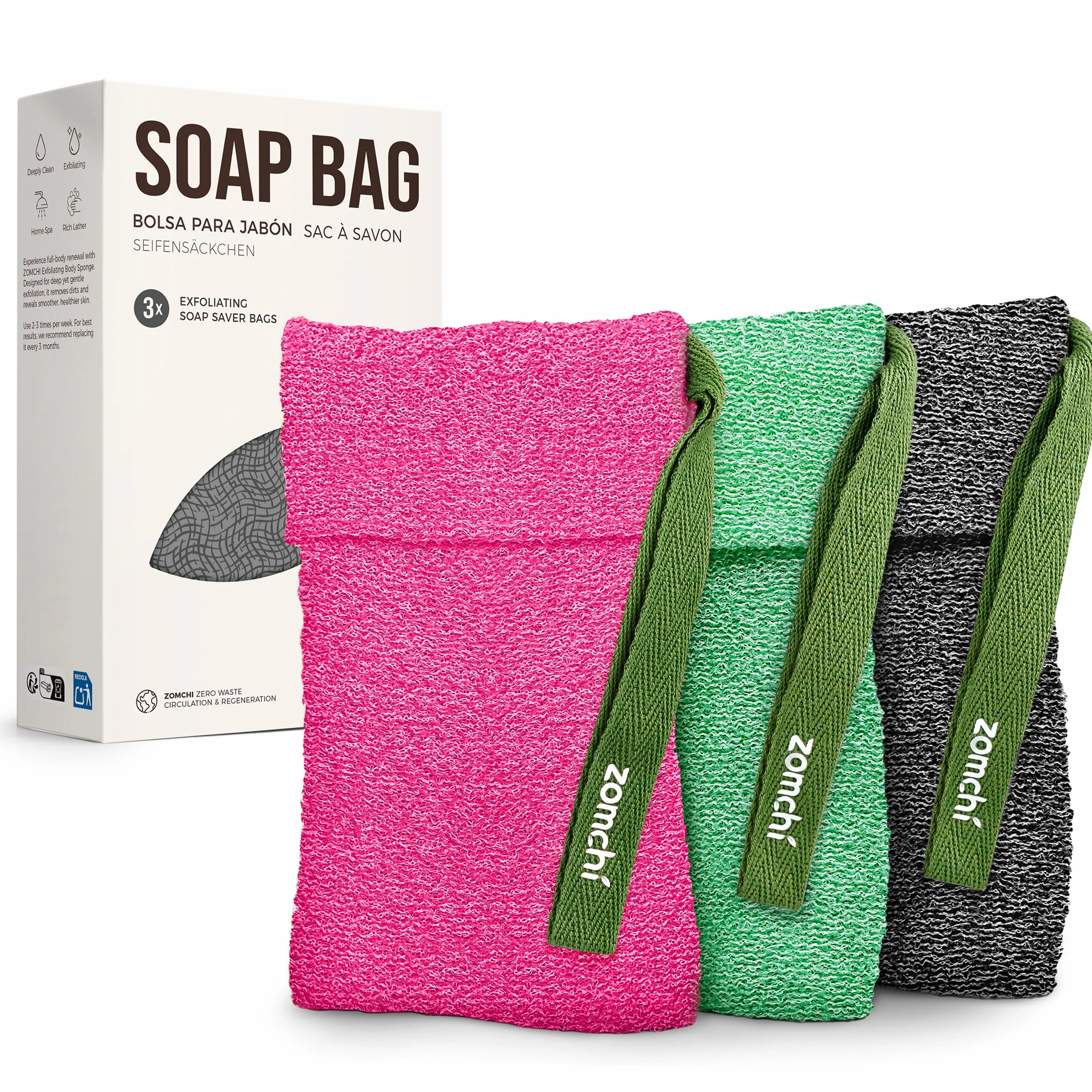 ZOMCHI Lot de 3 Sacs à Savon Exfoliants, éponge Exfoliante pour Corps, Porte-Savons pour Savons Solides