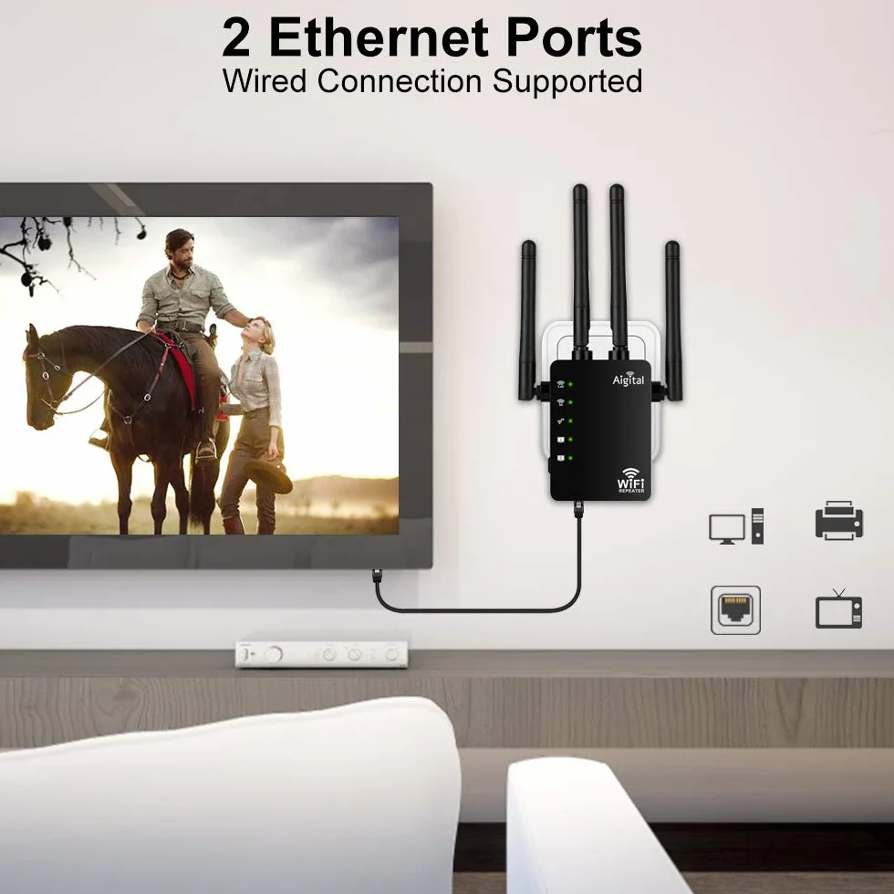 Répéteur WiFi AC1200 Double Bande 2.4GHz 5GHz 4 Antennes Externes 2 Port Ethernet 120㎡