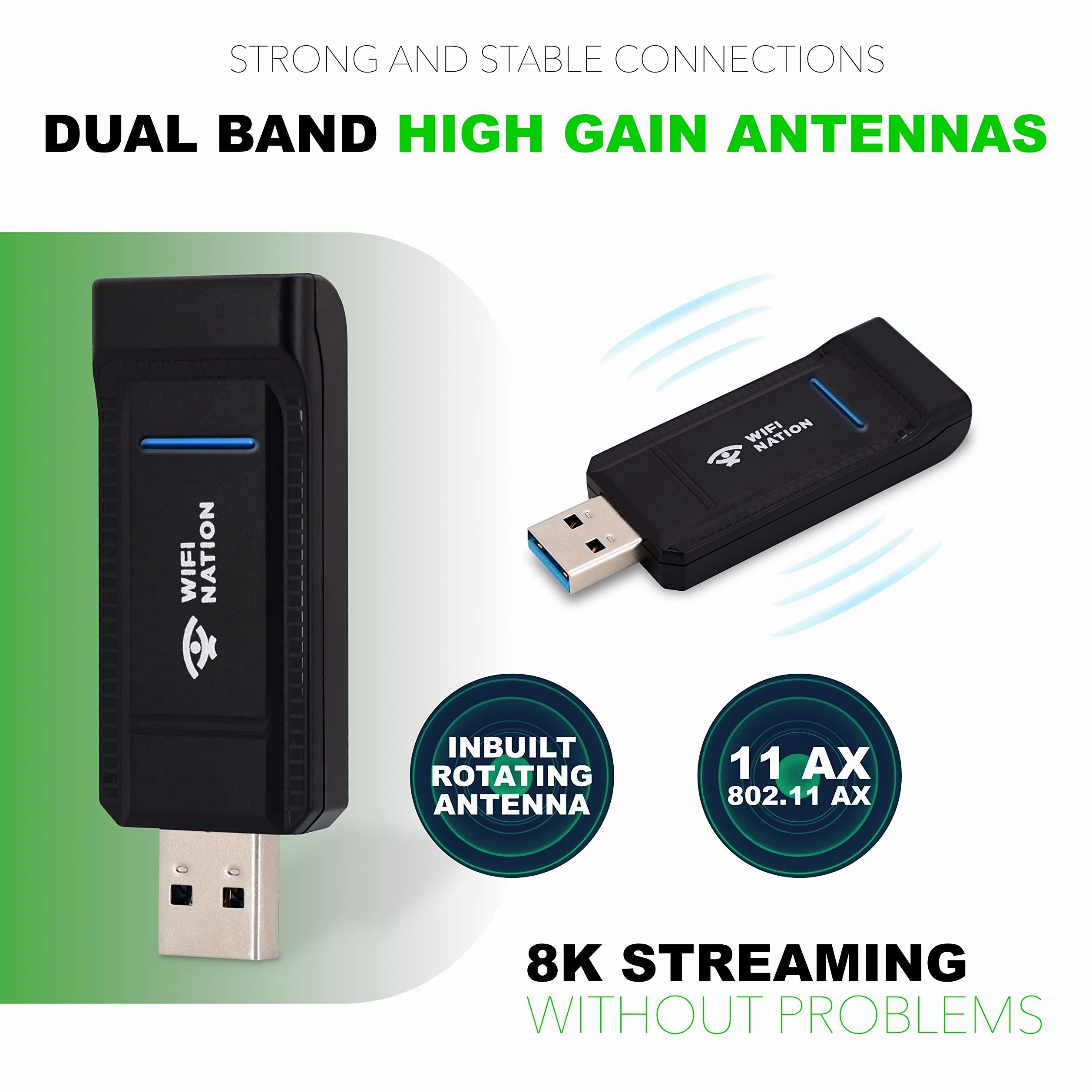 WiFi 6 AX1800 2T2R, puce USB 3.0 : RTL8832AU, adaptateur de dongle WiFi | adaptateur de carte réseau sans fil Gigabit 802.11ax | 5 GHz/2,4 GHz | Sécurité réseau WPA3 | Windows 7/10/11