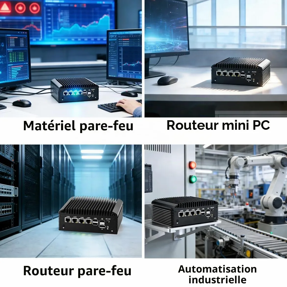 Fanless Mini PC N150 Firewall Appliance Industrial Micro Bureau, 4 x 2.5Gbit LAN + 2 RS232 COM, 8GB RAM 128GB NVME SSD, 6USB, Router/Home Computer Hardware, HD DP Dual Dispaly