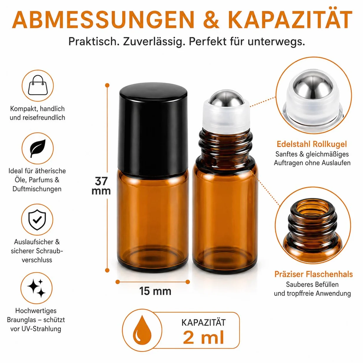 CYEER Lot de 50 Flacons Roll-on en Verre Ambré 2ml - Mini Bouteilles à Huiles Essentielles avec Billes en Acier Inoxydable