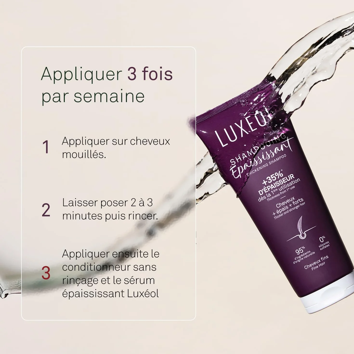 LUXÉOL Shampoing Épaississant 200 ml à l'Algue Rouge Protéine de Riz Acide Hyaluronique Sans Silicones Fabriqué en France