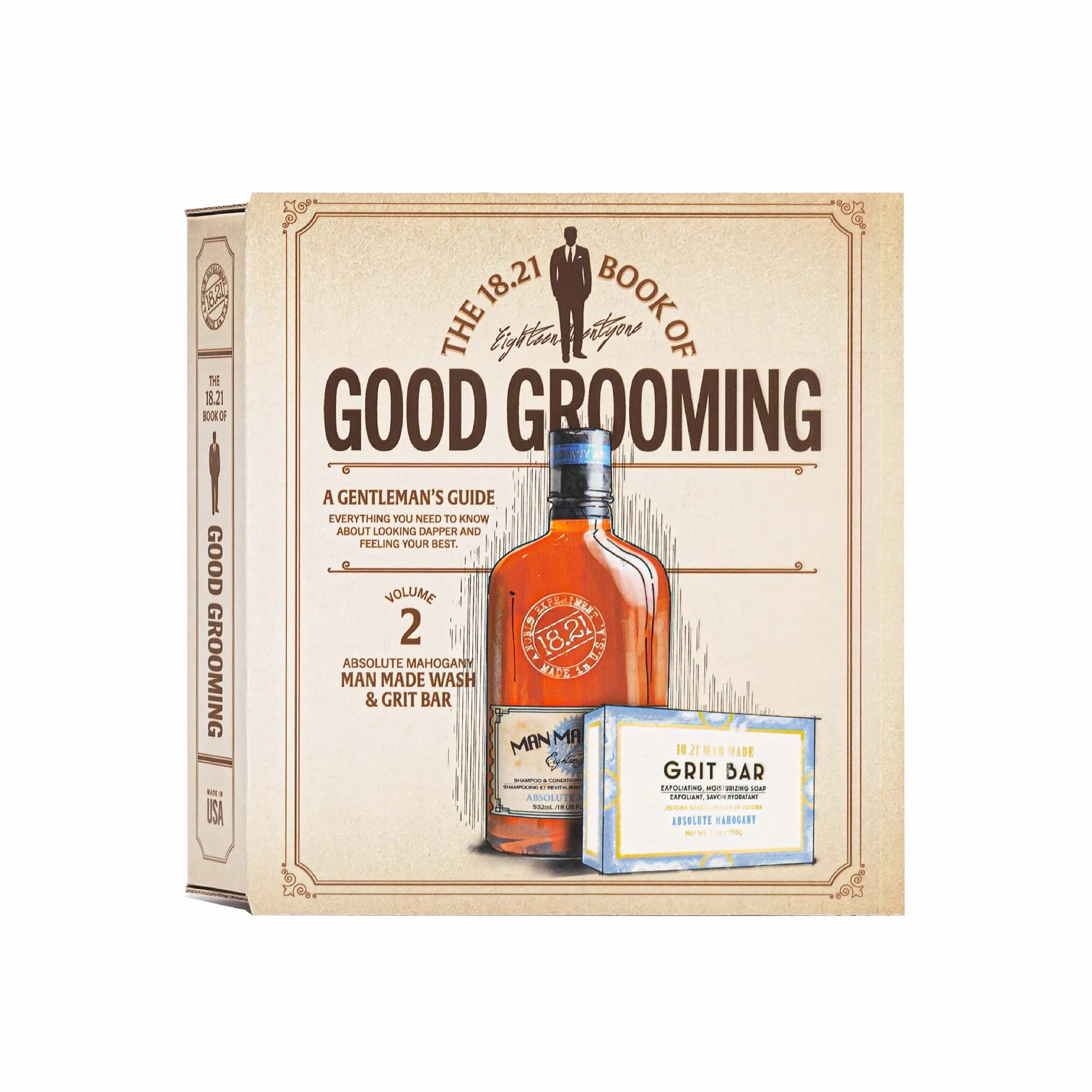 18.21 Man Made Book of Good Grooming Volume 2 Set Absolute Mahogany 2 Pc 18oz Wash 3-In-1 Shampoo Conditioner Body Wash 7oz Grit Bar