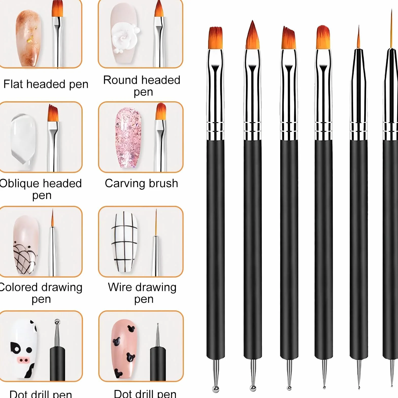 Kit de Manucure Nail Art avec 6 Pinceaux et 6 Stylos à Pointes Doubles (Noir)