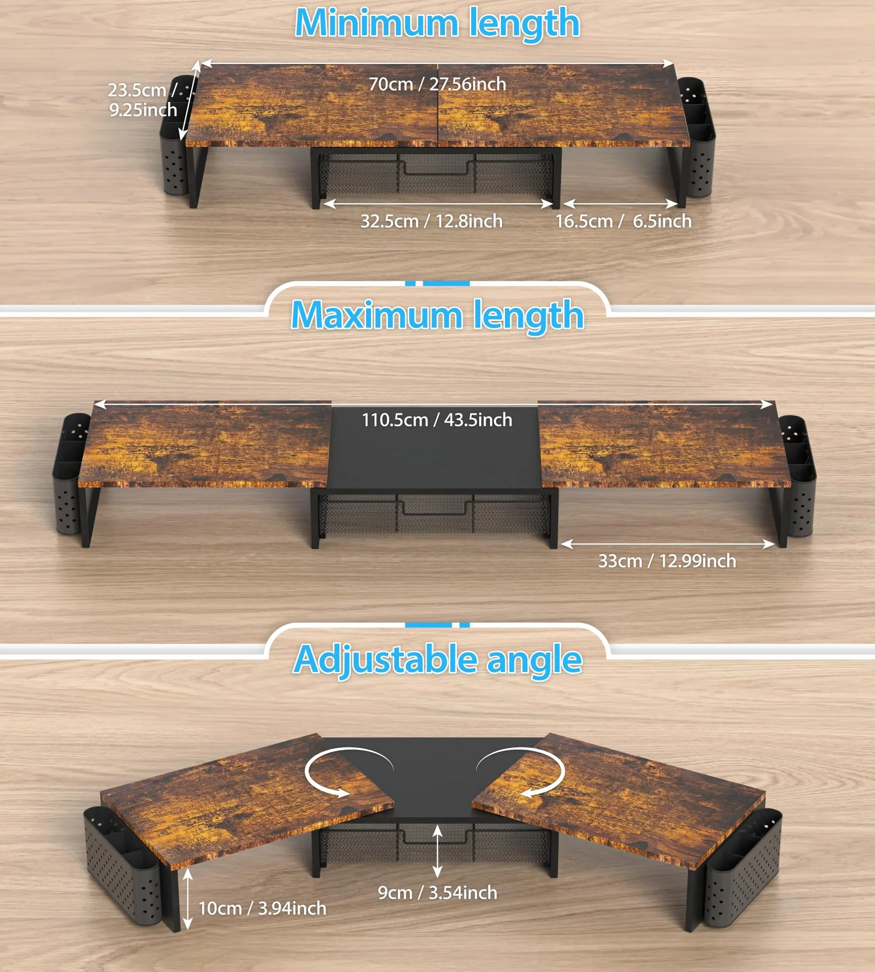 MOWETOO Support Double Moniteur Réglable en Bois avec Tiroir et Porte-Stylos, Rangement Multifonction