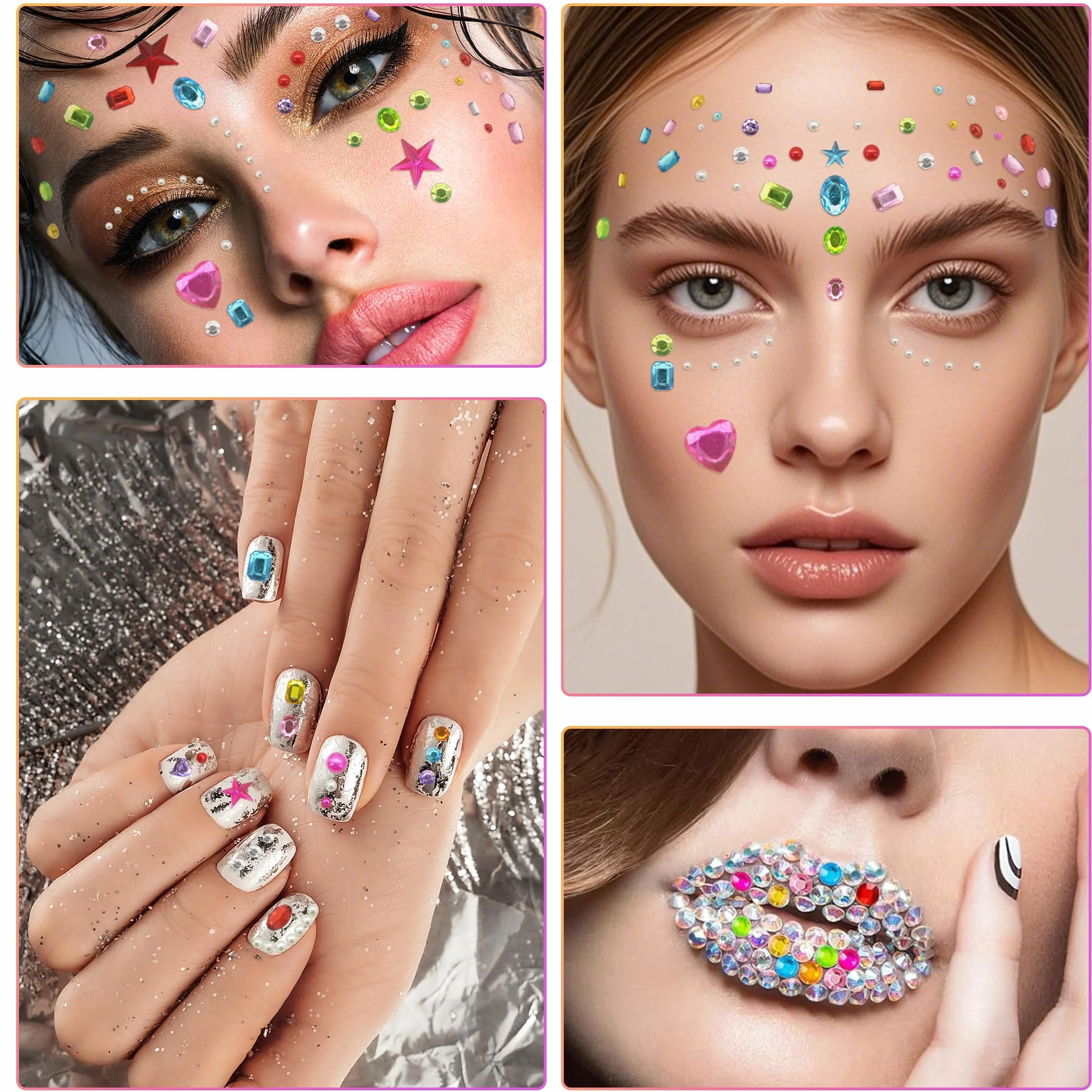 Strass Autocollant Visage 2442 Pièces Paillettes Auto-Adhésifs Diamant Acrylique Maquillage Ongles
