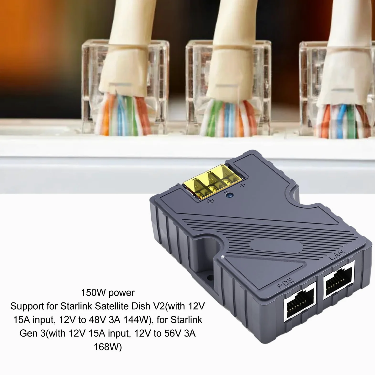 Injecteur PoE ESD Passive Contre Les Surtensions ABS 48-57 V 3 A GigE avec LAN, Adaptateur Ultra PoE 150 W 10/100/1000 Mbps pour Kit Internet par Satellite