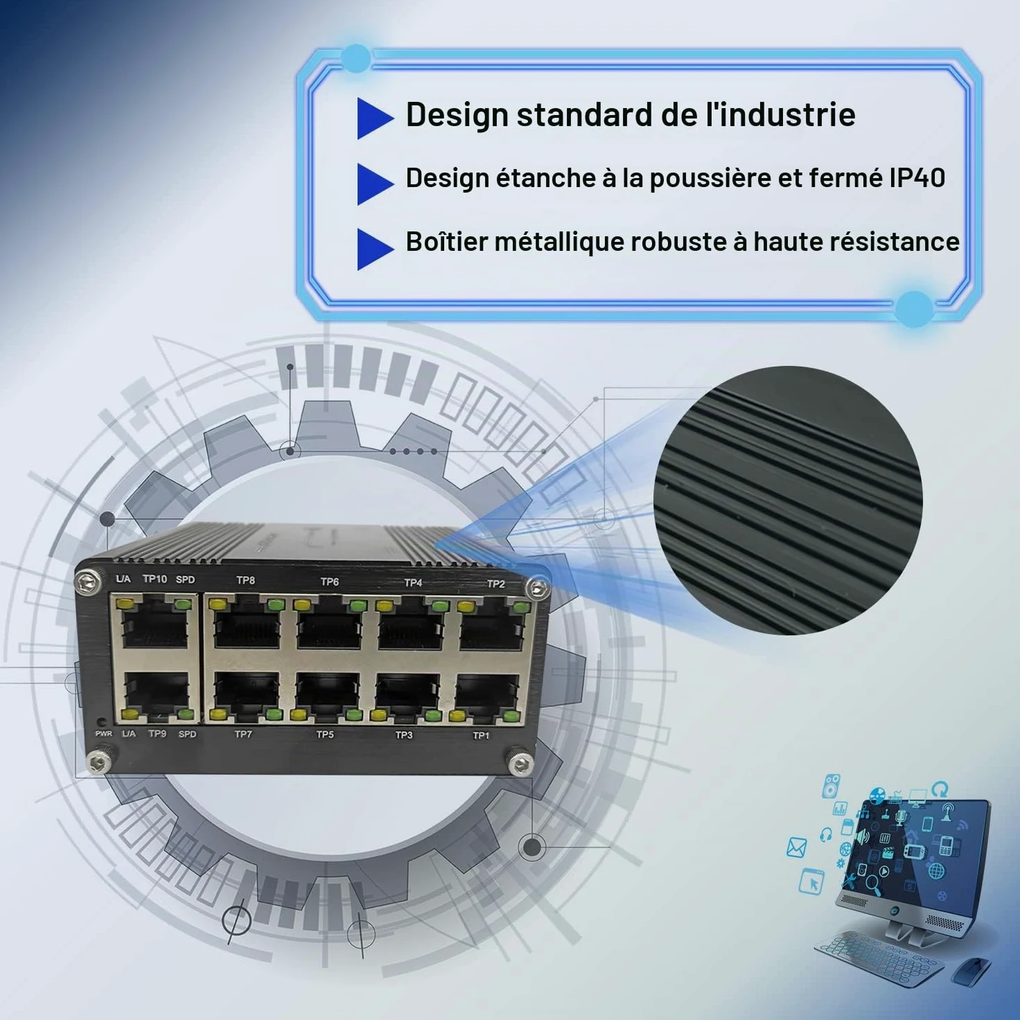 Commutateur Gigabit Ethernet industriel durci 10 ports 10/100/1000T RJ45 avec fonction auto-MDI/MDI-X Mini commutateur compact