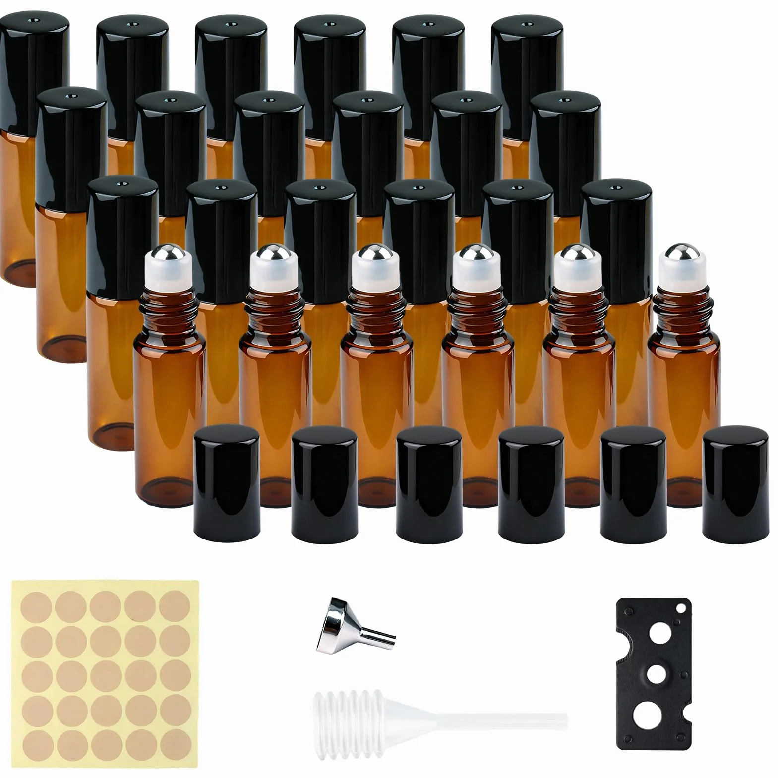 Bouteilles en verre marron 5 ml avec rouleaux et compte-gouttes, lot de 24 pour huiles essentielles