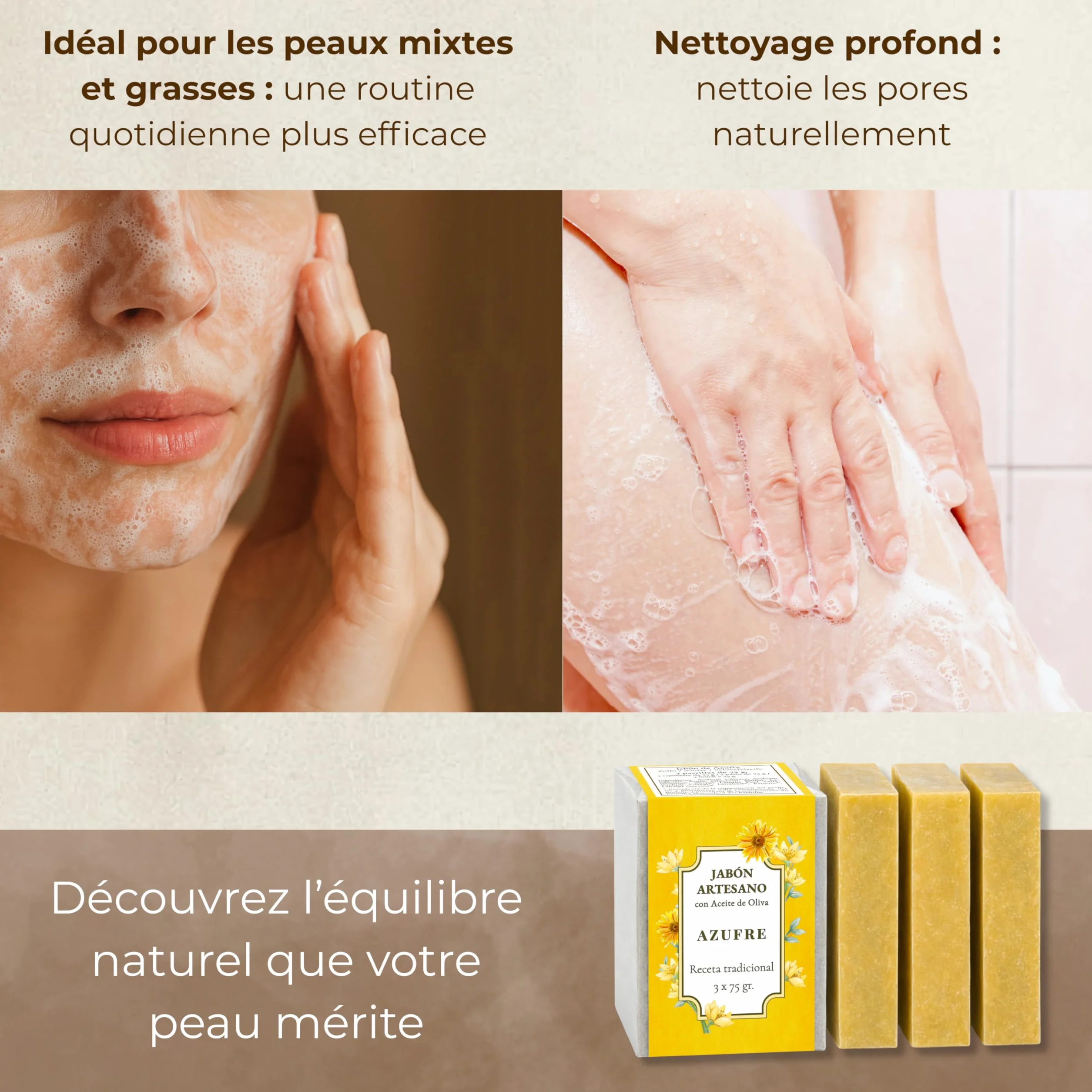 Savon au Soufre Anti Acné Visage 3 x 75g – Nettoyant Peau Grasse et Mixte