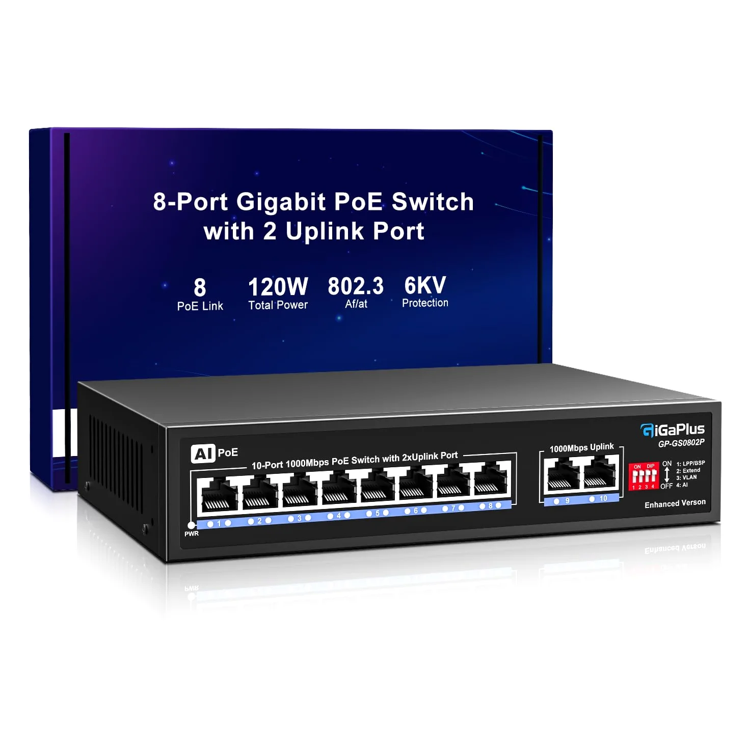 10 Port Gigabit PoE Switch with 8 Port PoE+ 1000Mbps, 2x1000Mbps Uplink, GiGaPlus 10 Port IEEE802.3af/at PoE @72W, Support VLAN, AI watchdog, Metal Housing, Desktop Or Wall-Mount, Plug & Play