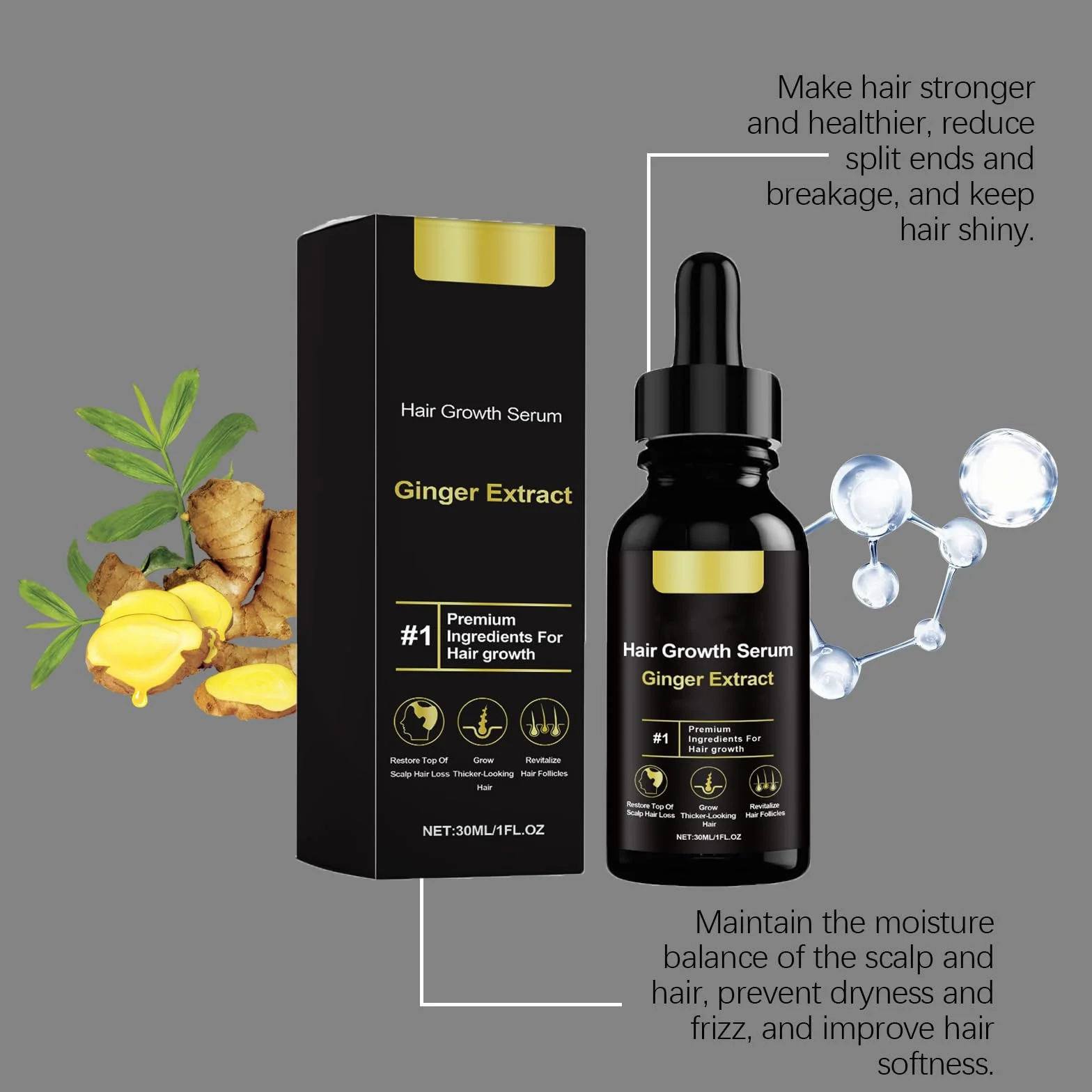 Huile Pousse Cheveux Anti-Chute Sérum Naturel Huile De Ricin Gingembre Booster Croissance Cheveux 30ml