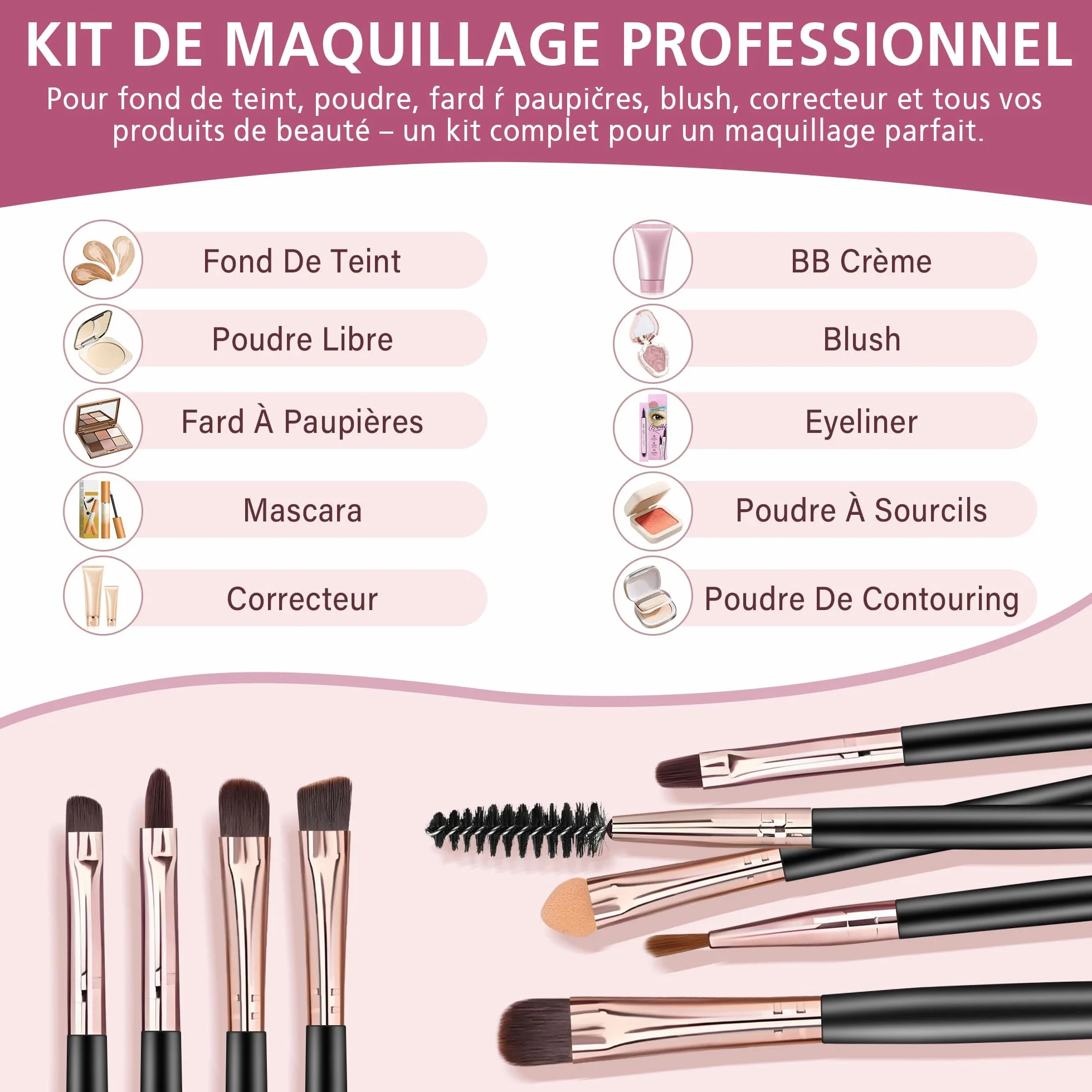 Kit Pinceaux Maquillage 20 Pièces Professionnels Fond de Teint Fard à Paupières