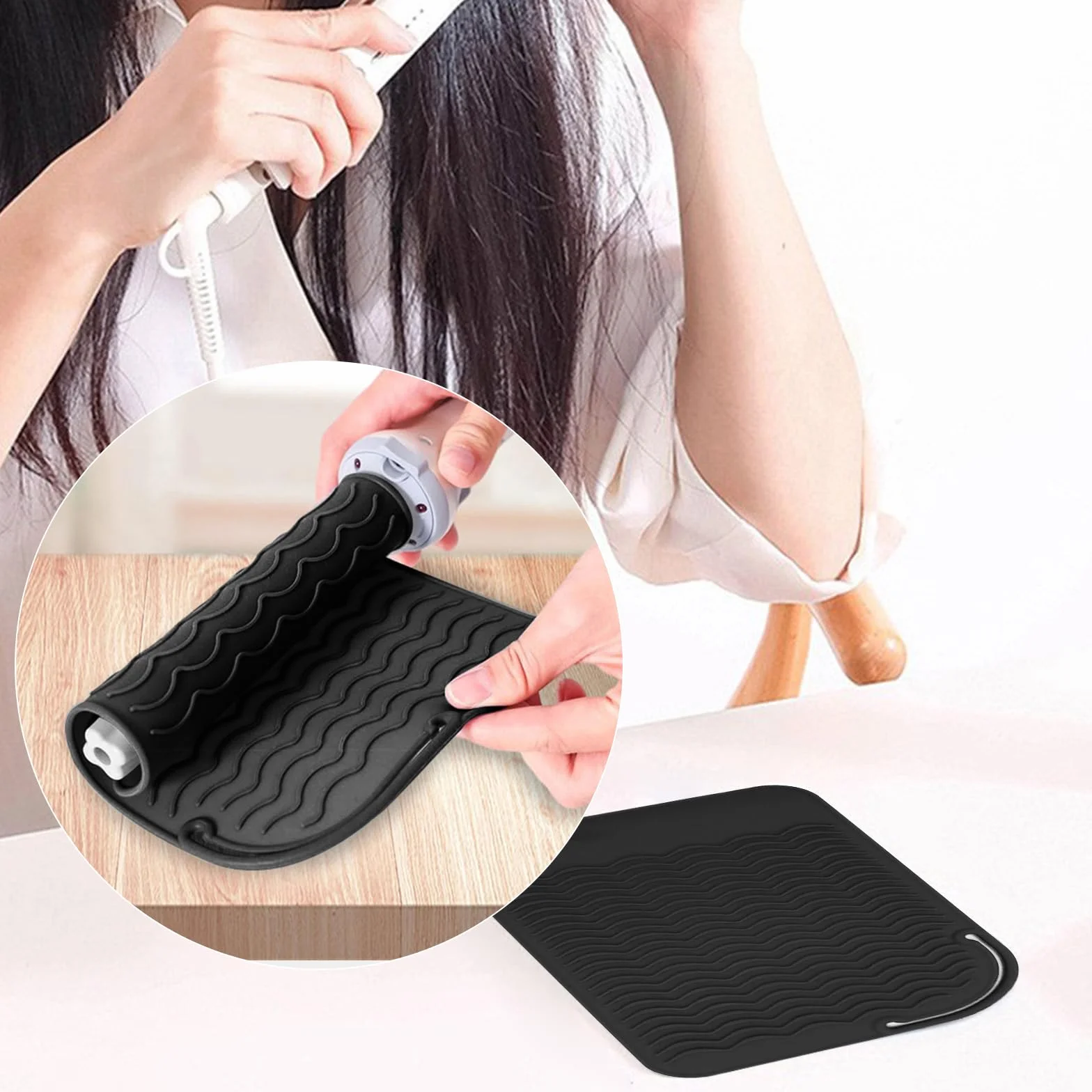 Ensemble de Protection Thermique pour Lisseur et Boucler Tapis Silicone Antidérapant Gant Résistant Chaleur Noir