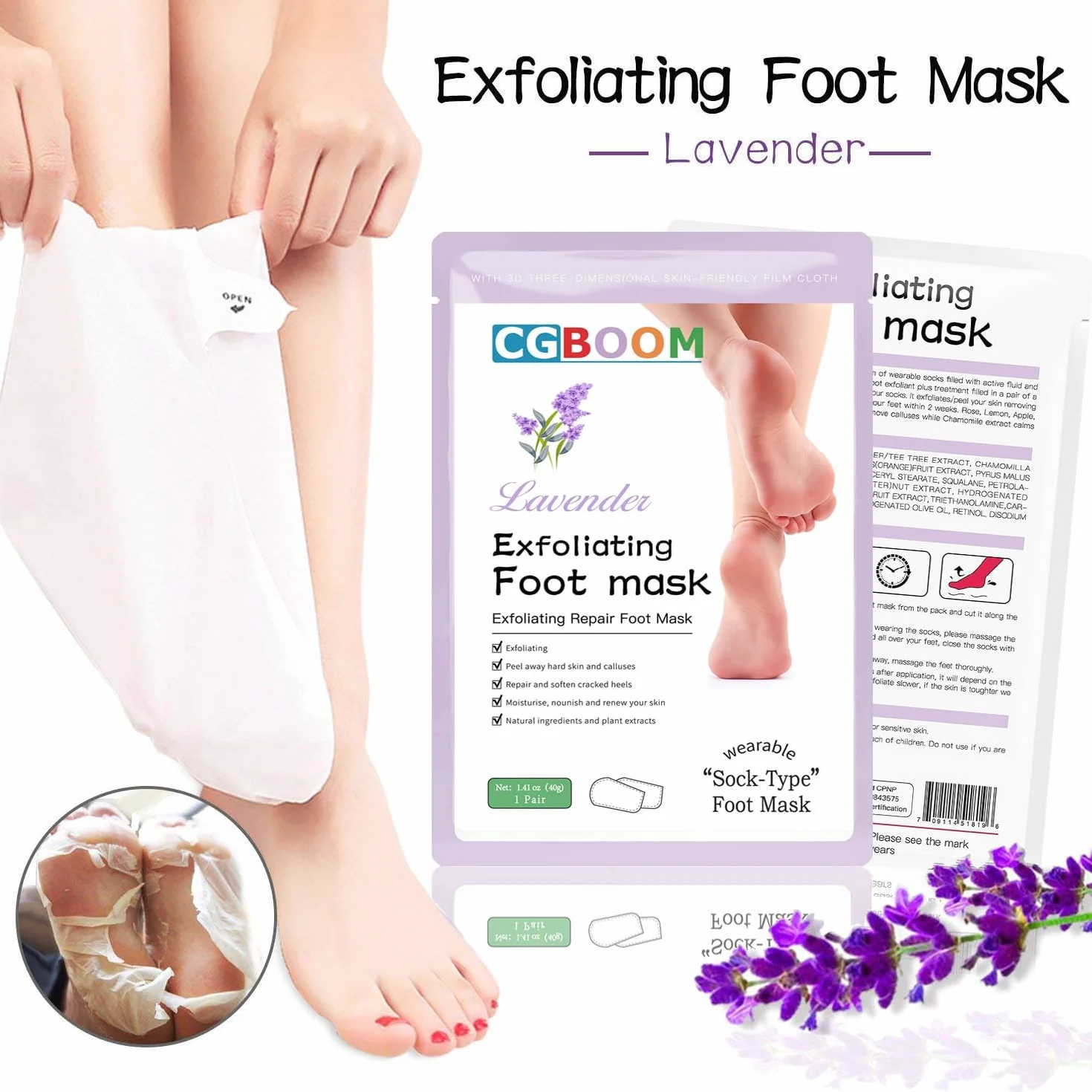 Masque Peeling Pieds Exfoliant Nourrissant Callosités Crevasses Pieds Secs Lavande