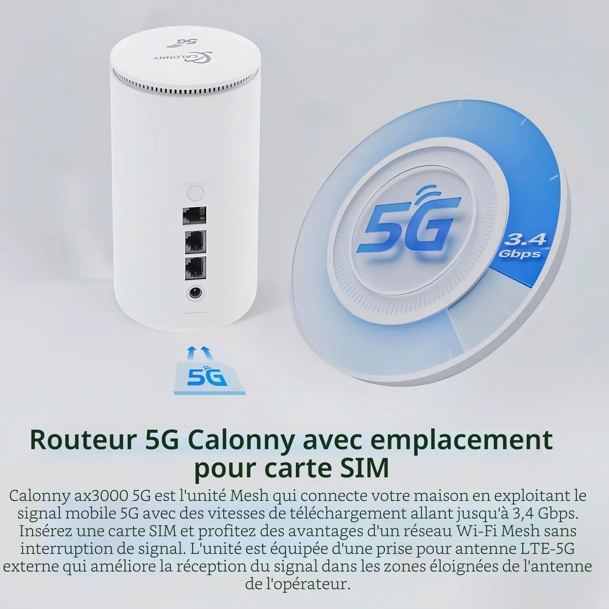 Routeur 5G avec SIM UDX710 WIFI6, 2 Ports, WAN/LAN, 5G, NR, TDD, Max 2,6 Gbit/s DL/650 Mbit/s, Modem UL Double Bande 2,4 GHz, 5,0 GHz, 802.11 a/b/g/n/AC/AX
