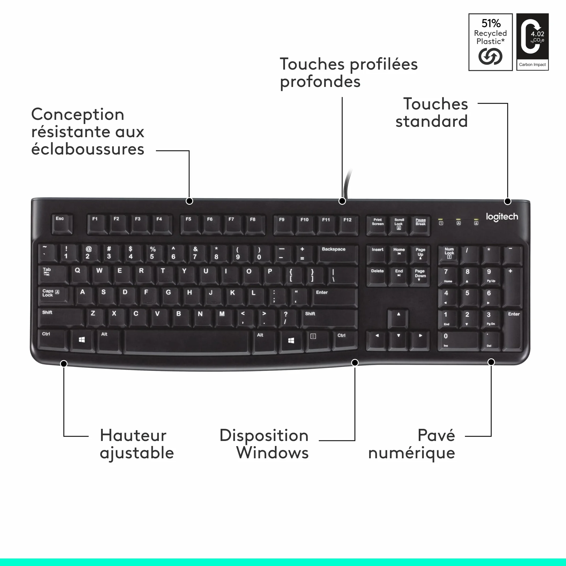 Logitech K120 Clavier Filaire USB AZERTY Noir Résistant Eclaboussures