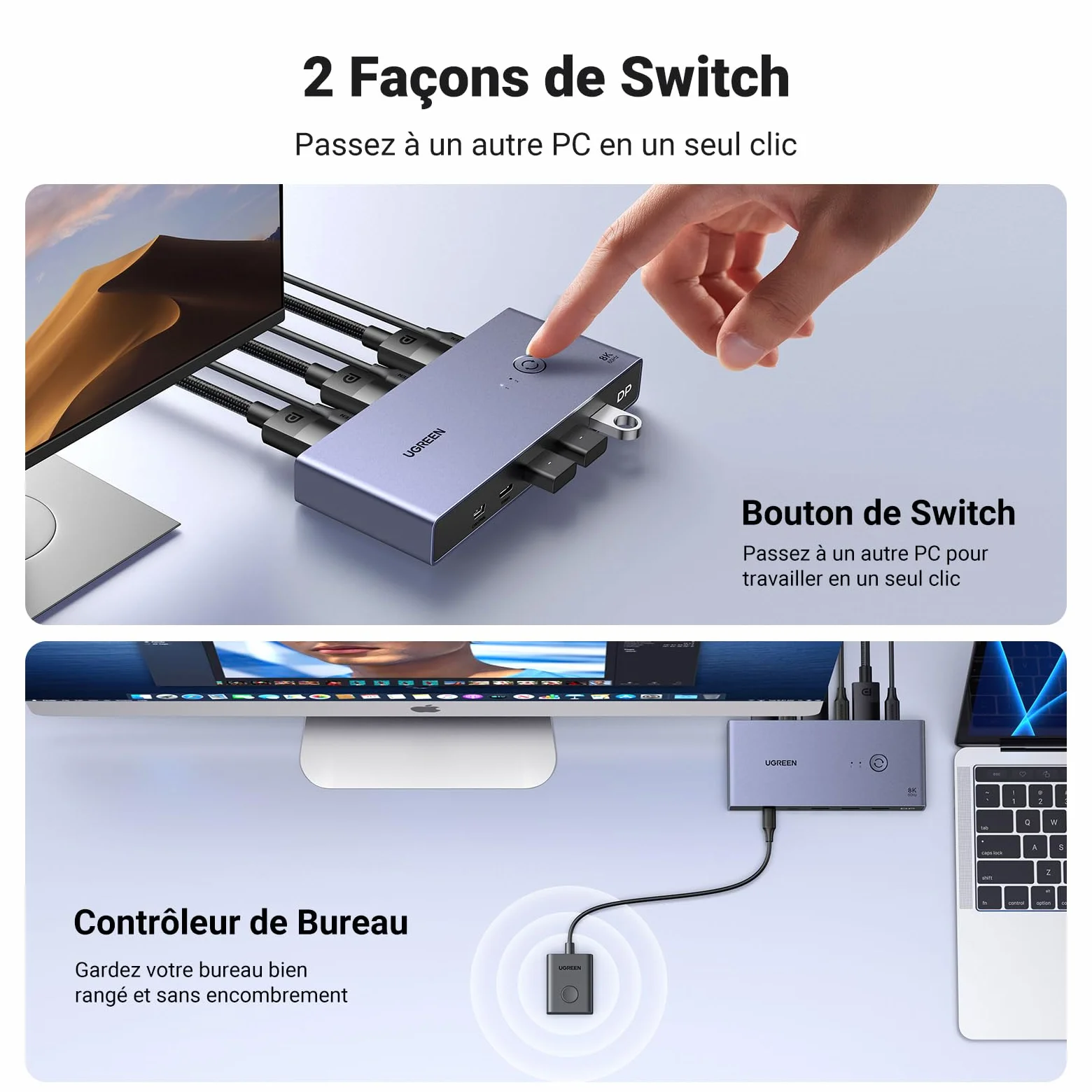 UGREEN Switch KVM Displayport 1.4 8K 60Hz 2 Entrées 1 Sortie Commutateur | 4K 240Hz USB C 3 USB A pour Clavier Souris Disque Dur Imprimante Moniteur avec Contrôleur de Bureau 2 Câbles DP 1M