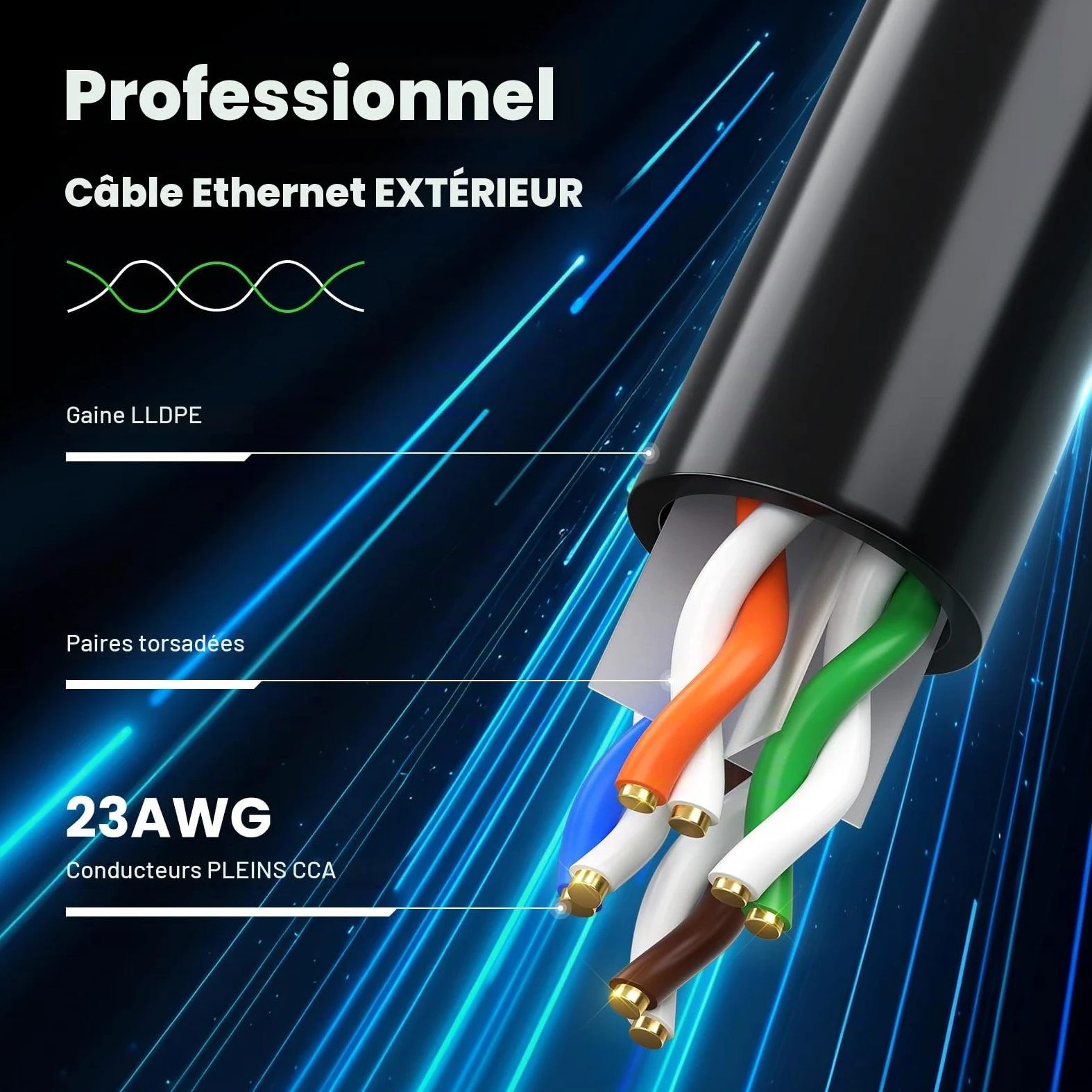 Cable Ethernet Extérieur Cat 6A 100m 23 AWG LLDPE 10 Gbps 550MHz, Résistant UV/Intempéries, Enfouissement Direct, Câble RJ45 Réseau Internet Gigabit Haute Vitesse UTP CCA, 80 Attaches Noires