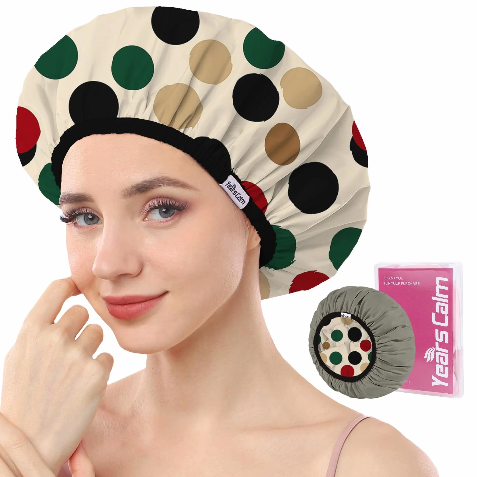 Bonnet de douche réutilisable imperméable double couche à pois pour femme tresses cheveux longs