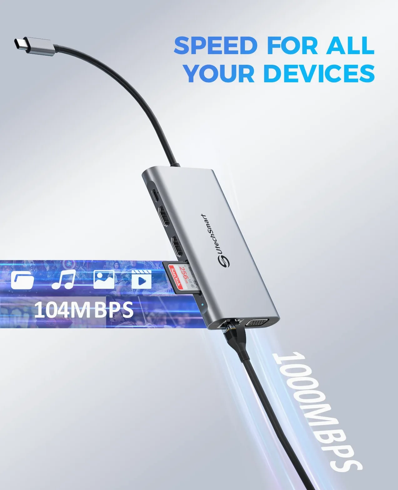 Hub USB C, Station d'accueil, UtechSmart 11 en 1 Triple Affichage USB C Hub Double 4K HDMI, VGA, Port de Charge PD 100 W, Lecteur de Carte SD TF, 4 Ports USB C Dock Compatible avec MacBook, Autres