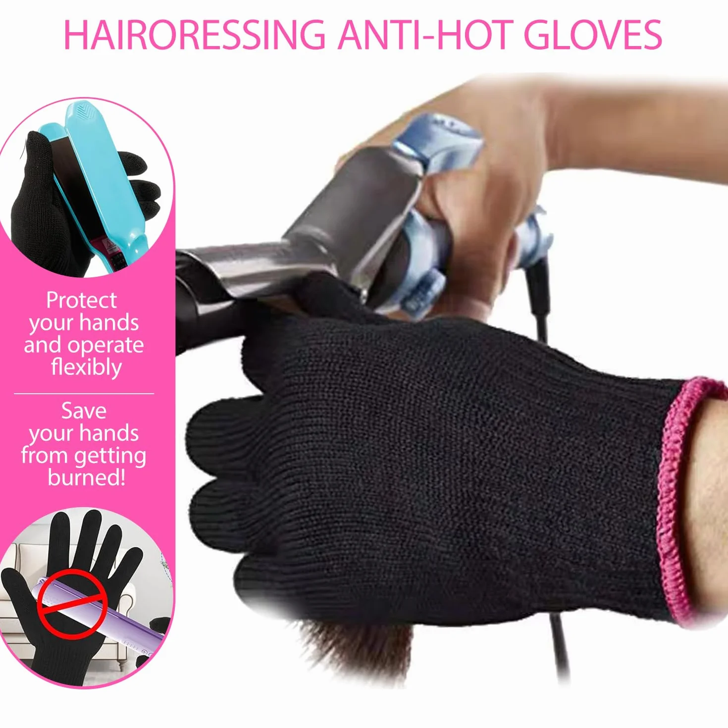 Gants de protection professionnels résistants à la chaleur extensibles pour le coiffage (rose rouge) 2 pièces