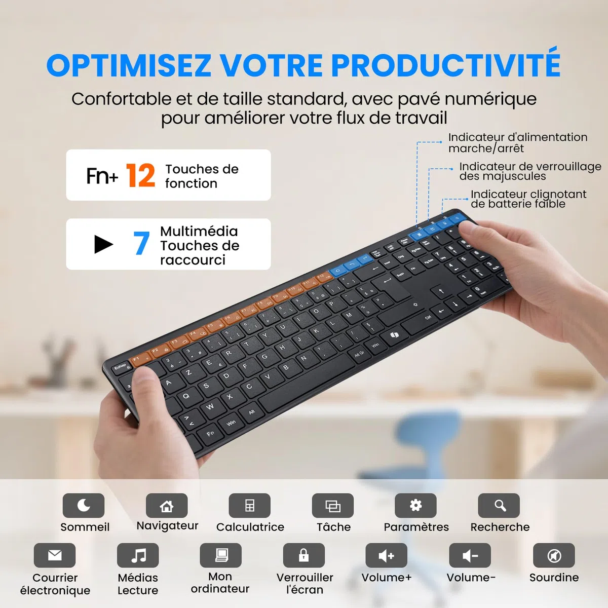 INFINMIND Clavier Sans Fil AZERTY, Ultra-Mince Clavier Silencieux Sans Fil avec 2,4 G USB Récepteur /Type-C,19 Raccourcis Multimédia Numérique Pavé Longue Batterie Autonomie pour Desktop,MAC,Windows