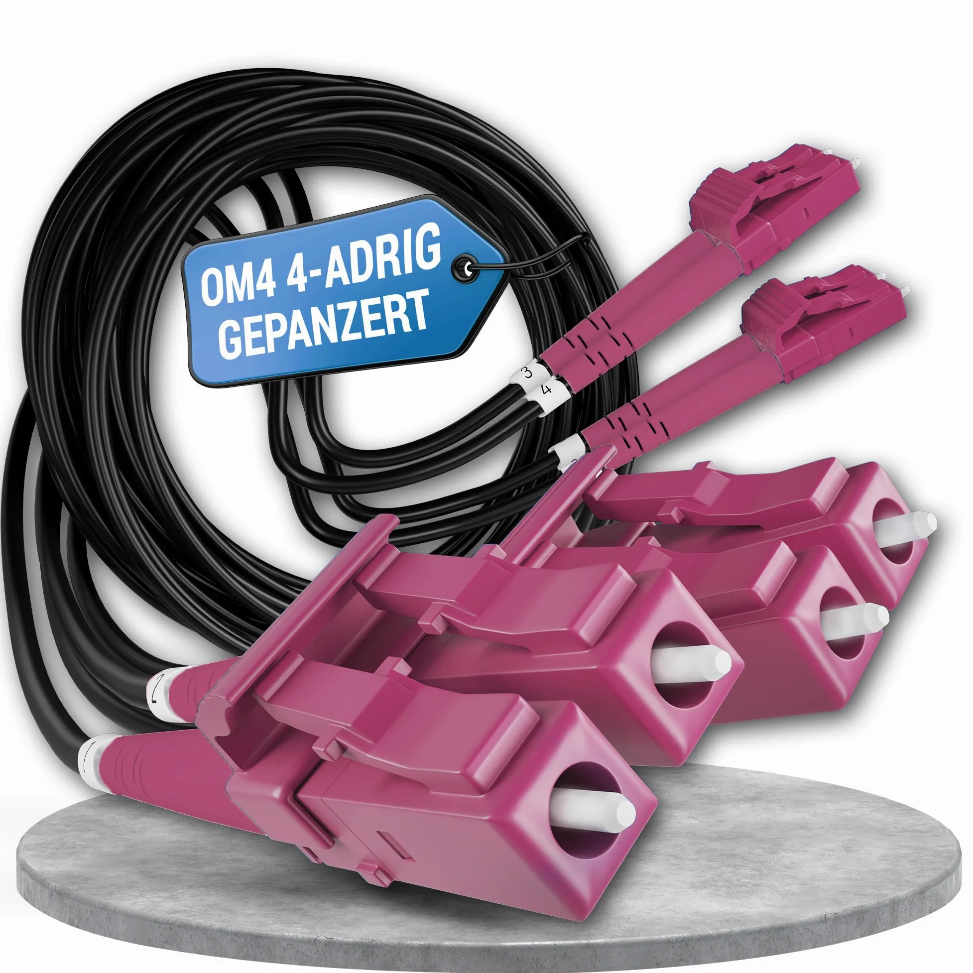 40m Câble Fibre Optique Blindé 4 Brins OM4 LC/UPC ⌀4mm | Multimode 50/125µm, Jarretière Rallonge Cordon, Breakout sans Épissures, Intérieur/Extérieur, Noire, LSZH