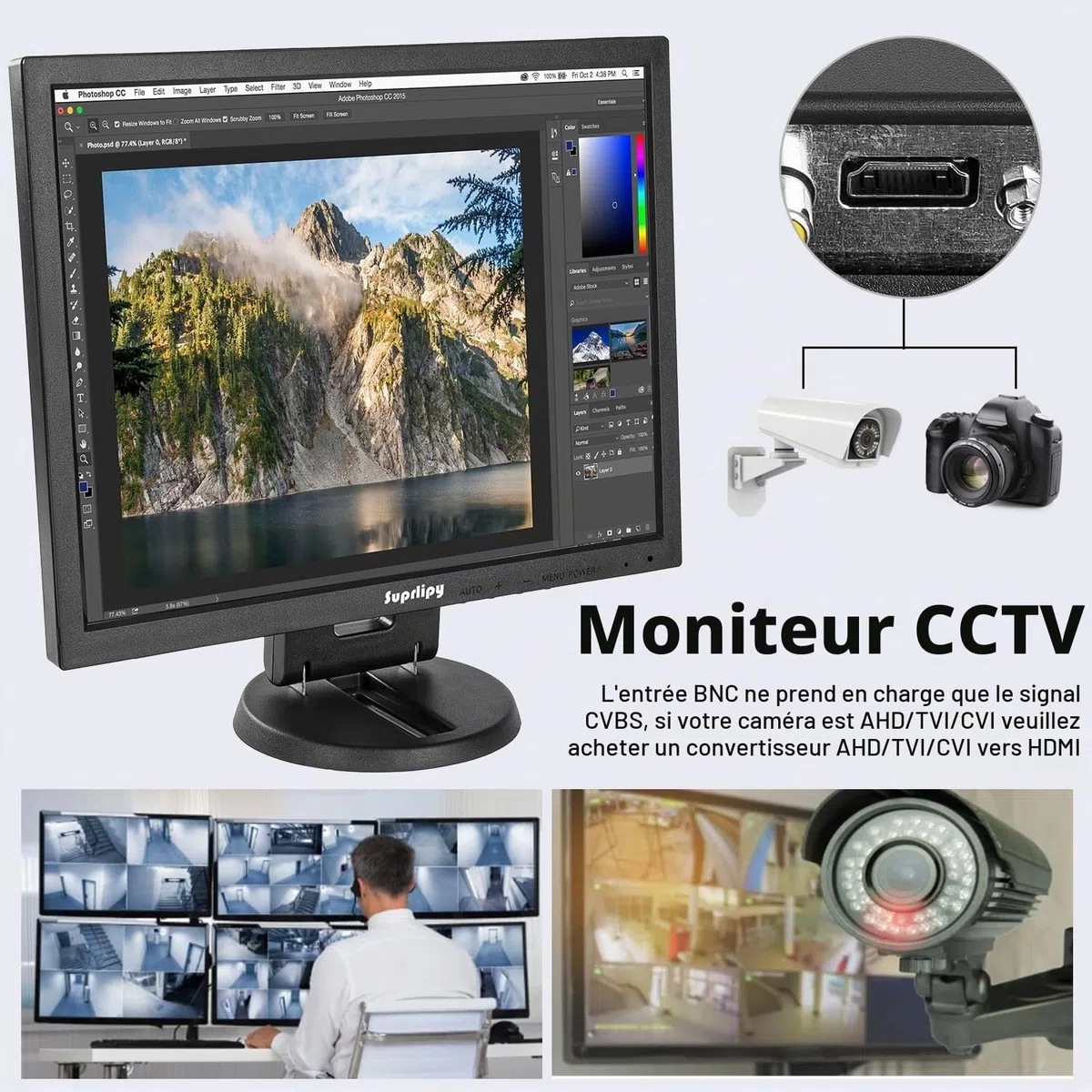 14 Pouce TFT LCD Sécurité CCTV Moniteur 1024x768 4:3 Résolution d'écran Couleur HDMI VGA BNC AV Entrée avec télécommande Haut-parleurs intégrés pour caméra de Surveillance DVR PC