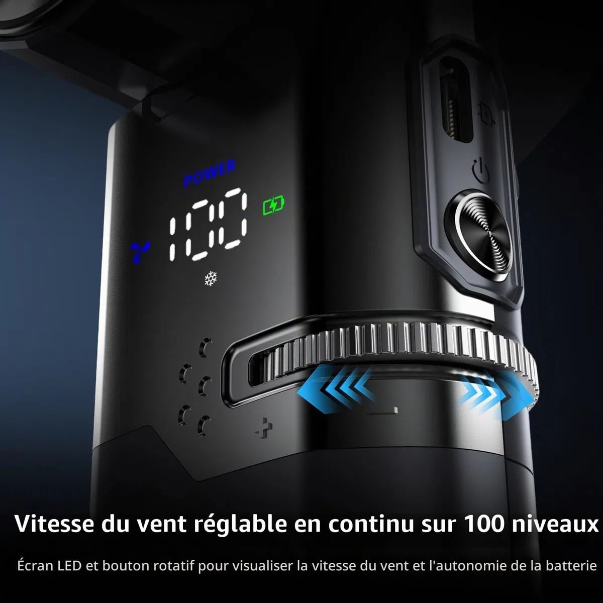 yAyusi Ventilateur Turbine Portable à Main, 9000 mAh Multifonction Ventilateur Refroidissement Rapide et Fonction Charge, 100 Vitesses, Câble Type-C Intégré et Écran LED, Idéal pour Voyage et Bureau