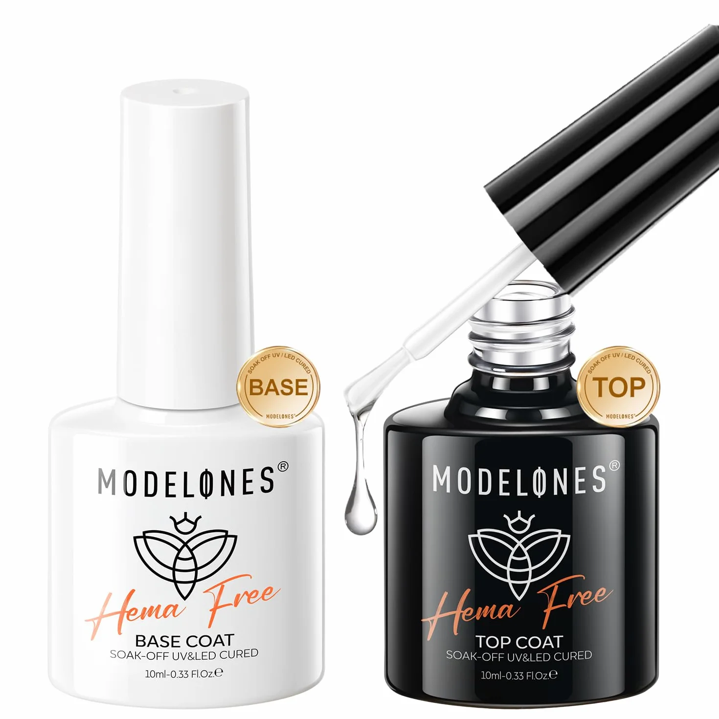 Modelones Base et Top Coat Semi Permanent Sans HEMA 2 x 10ml UV LED Vernis à Ongles Gel Set