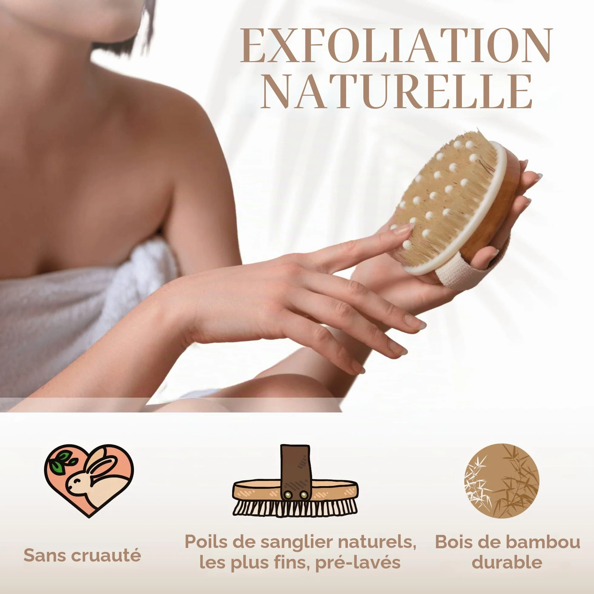 ROSENA Brosse Corps à Sec exfoliante en bois poils naturels sanglier drainage lymphatique cellulite