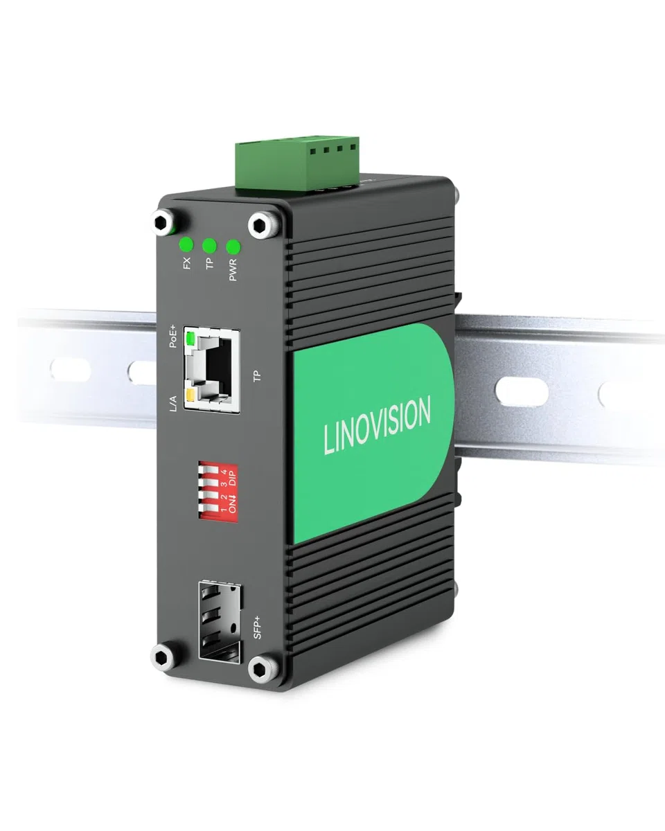 LINOVISION Switch Industriel Fibre PoE+ 10 Gigabit Ethernet, convertisseur de média PoE 10GBASE-X SFP+ vers 10G/5G/2,5G/1G/100M Conforme à la Norme 802.3af/at pour appareils PoE à Haute Vitesse