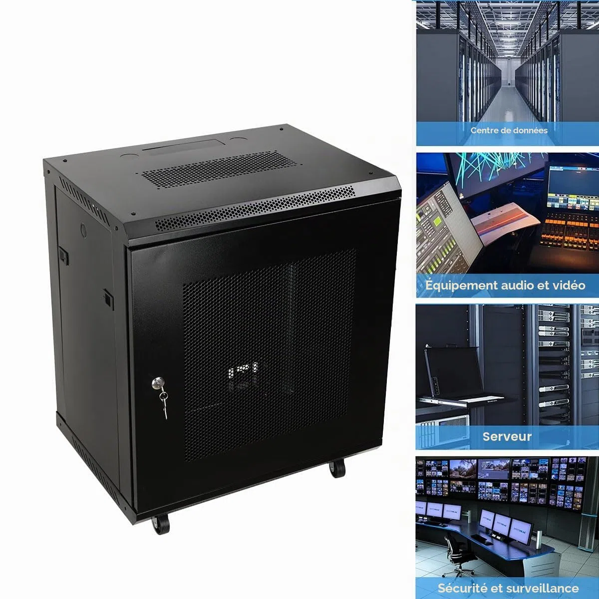 ECUTÉE 12H Armoire murale réseau 19" - Rack polyvalent - Boîtier avec 4 roues amovibles - Charge maximale: 60 kg - Porte avant perforée (600 x 450 x 650 mm)