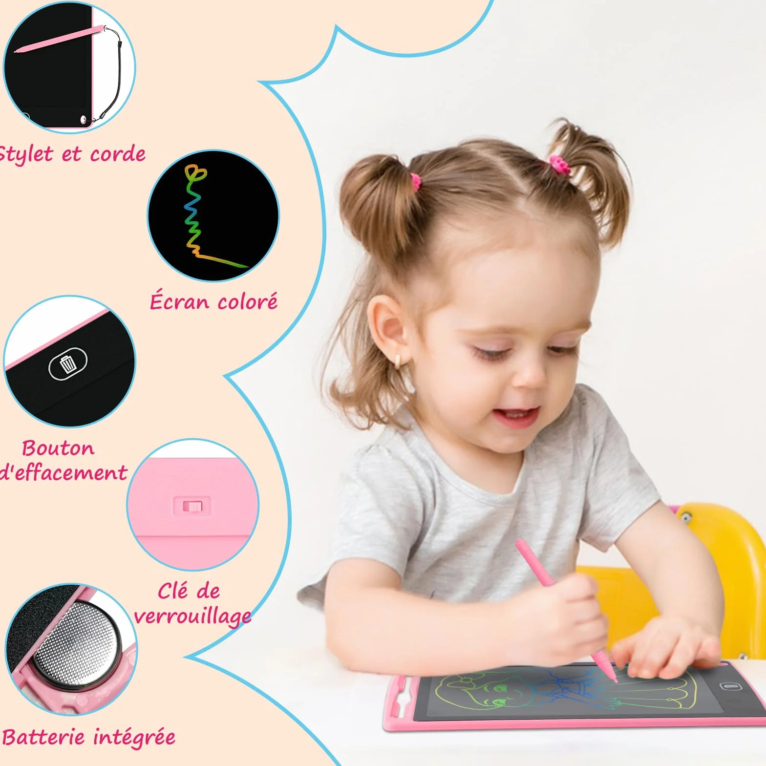Electight Tablette Dessin Enfant 8,5 Pouces LCD Écriture Verrouillage Effacement Cadeau Éducatif 2-7 Ans Rose Bleu