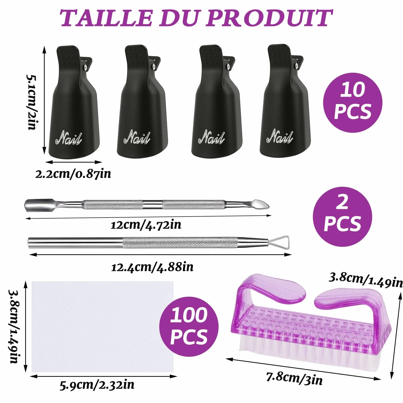 Kit Retrait Vernis Semi Permanent - 10 Pinces Doigts + Grattoir + Poussoir Cuticules + 100x Cotons + Brosse Ongles, Pince Vernis Ongle Semi Permanent