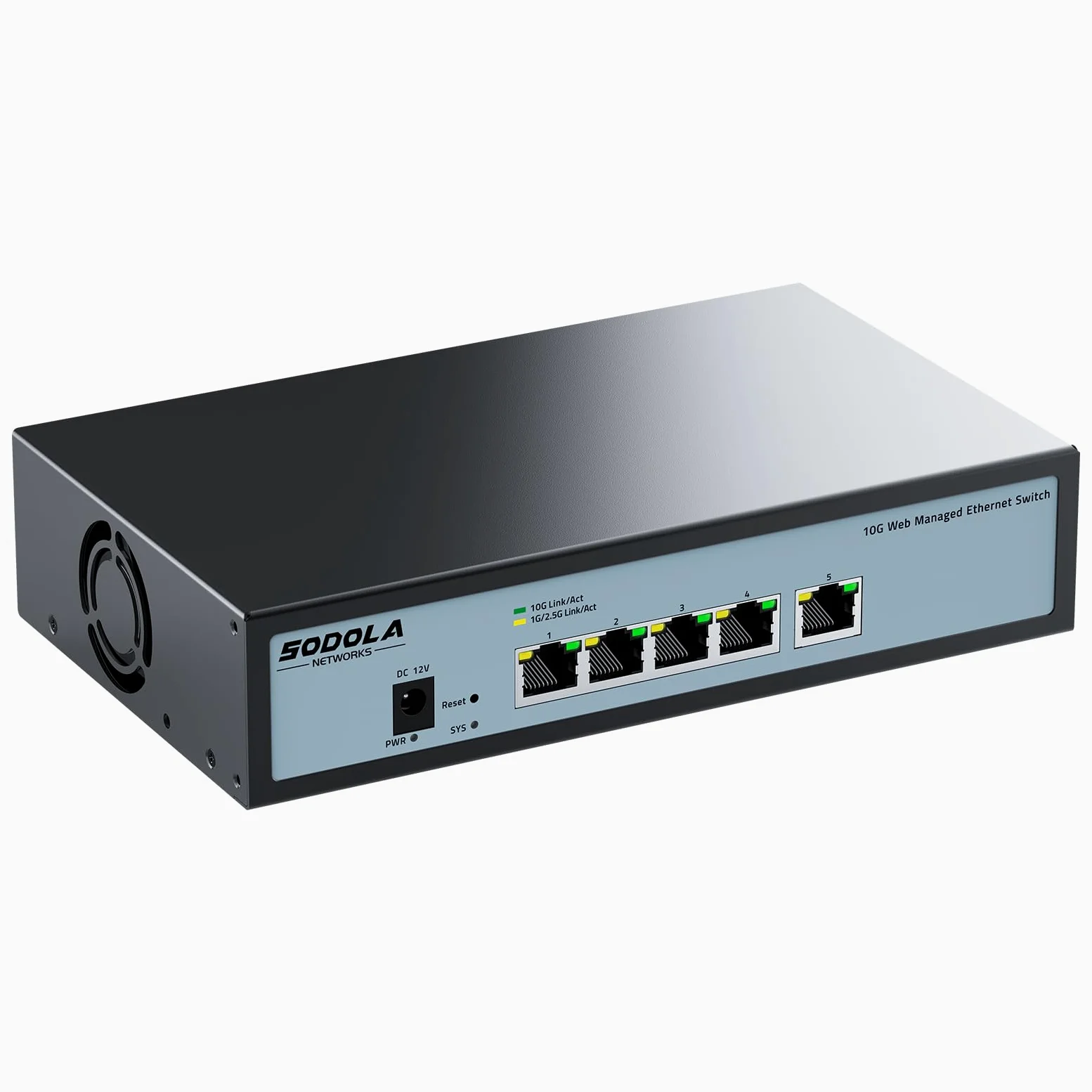 SODOLA Switch 10Gb Ethernet 5 Ports géré Via Le Web, 5x10G RJ45 | Boîtier métallique, refroidissement ventilé, prend en charge LACP/QoS/VLAN/IGMP, montage bureau/mural