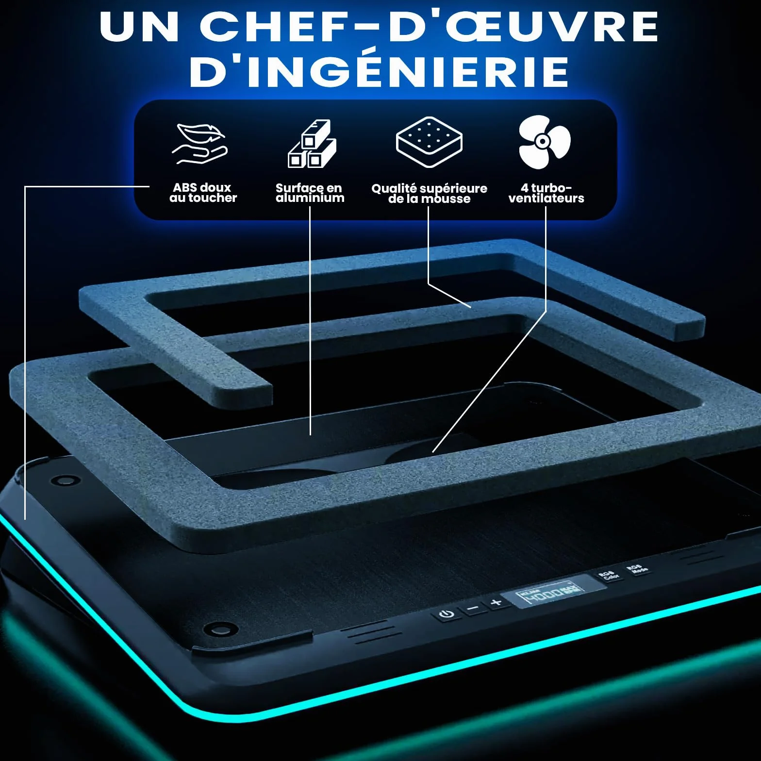 KLIM Turbofrost Refroidisseur PC Portable 4 Turbo Ventilateurs 4000 RPM USB-C/DC RGB Dynamique 4 Ports USB 14-17in Noir